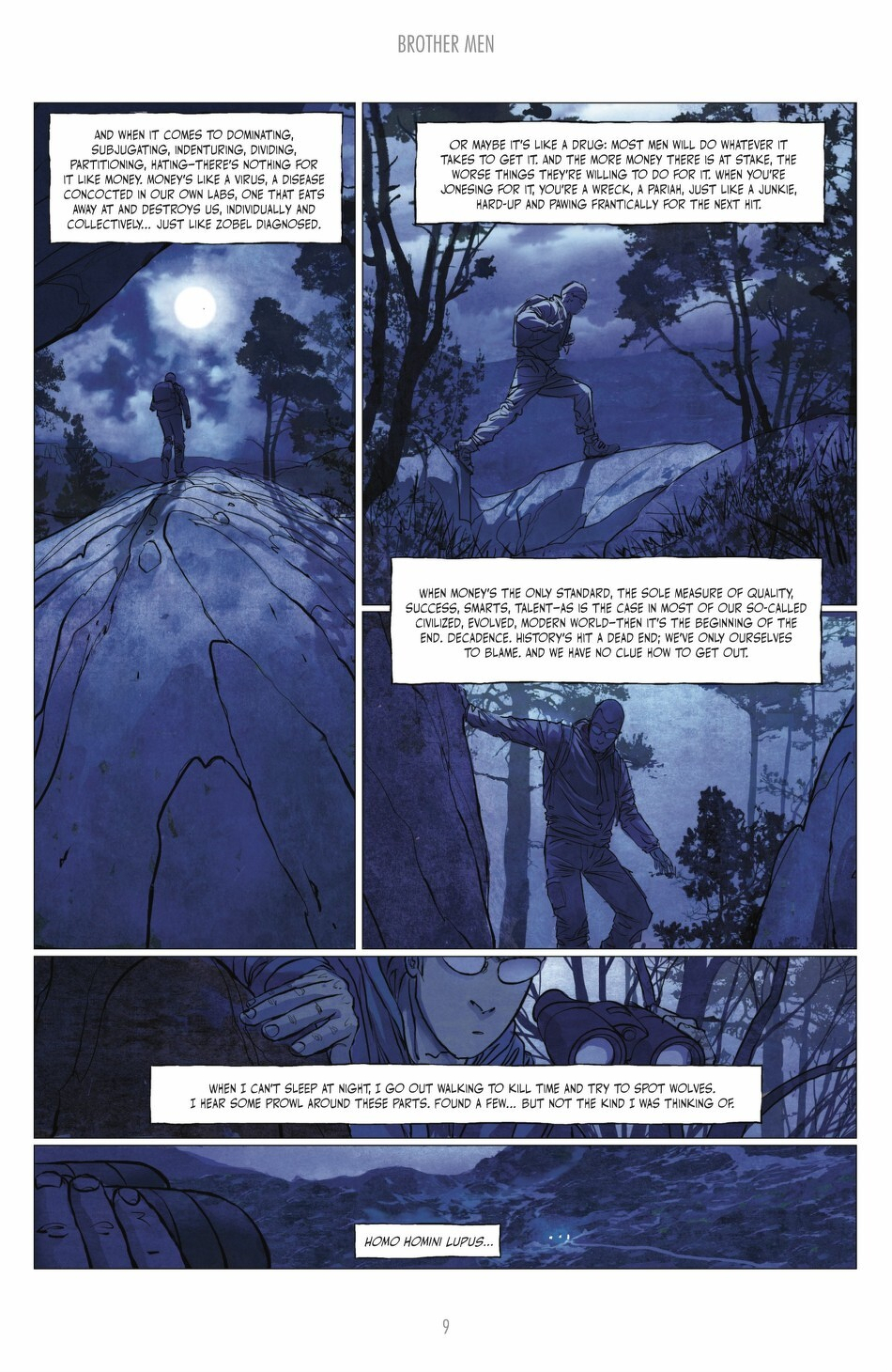 A man is walking at night in a forest, reflecting on life, with the moon illuminating the path.