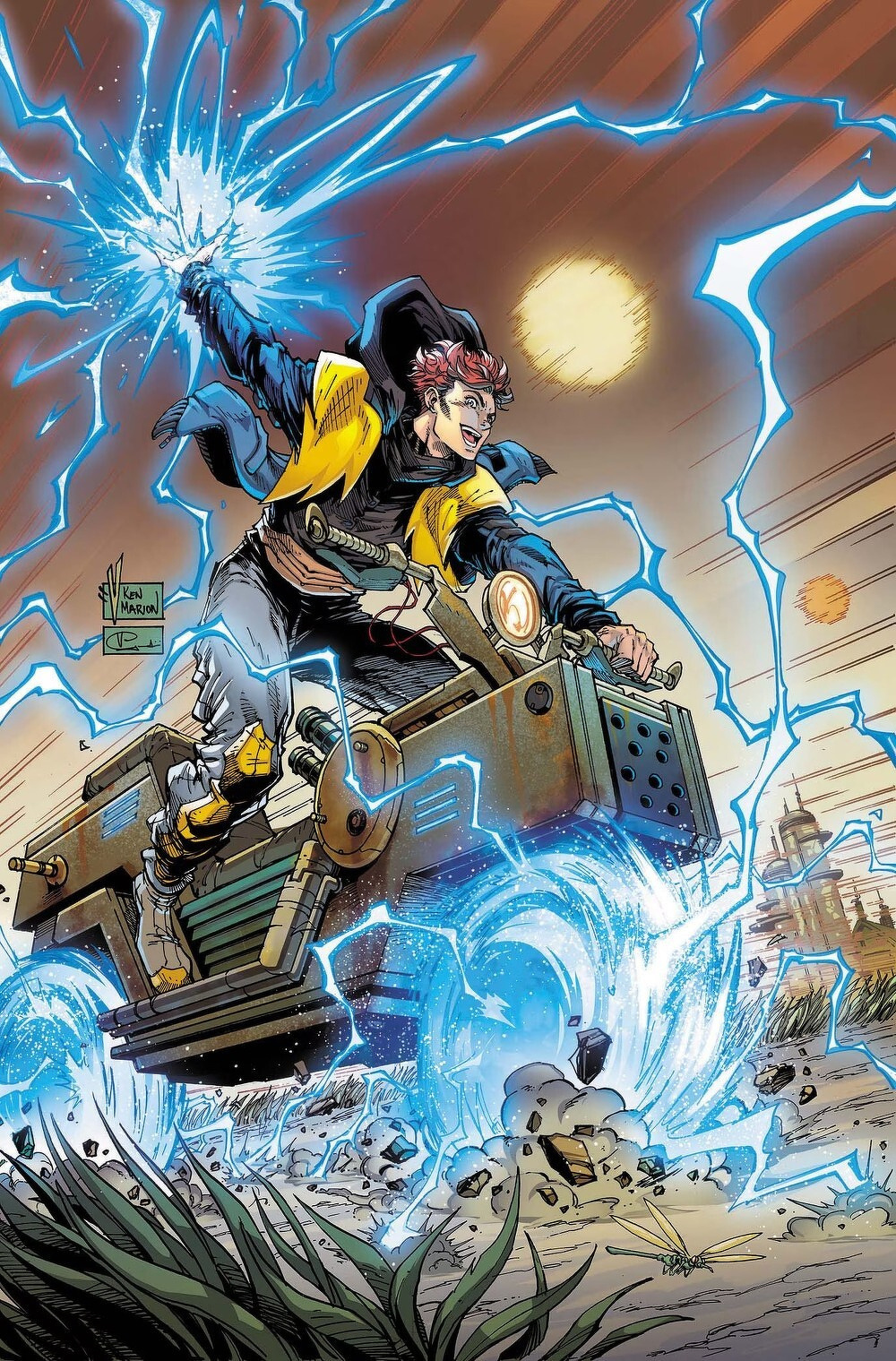 A dynamic character with a glowing, electrified hand rides a futuristic hoverbike, generating powerful blue energy waves as they leap across a rugged landscape.