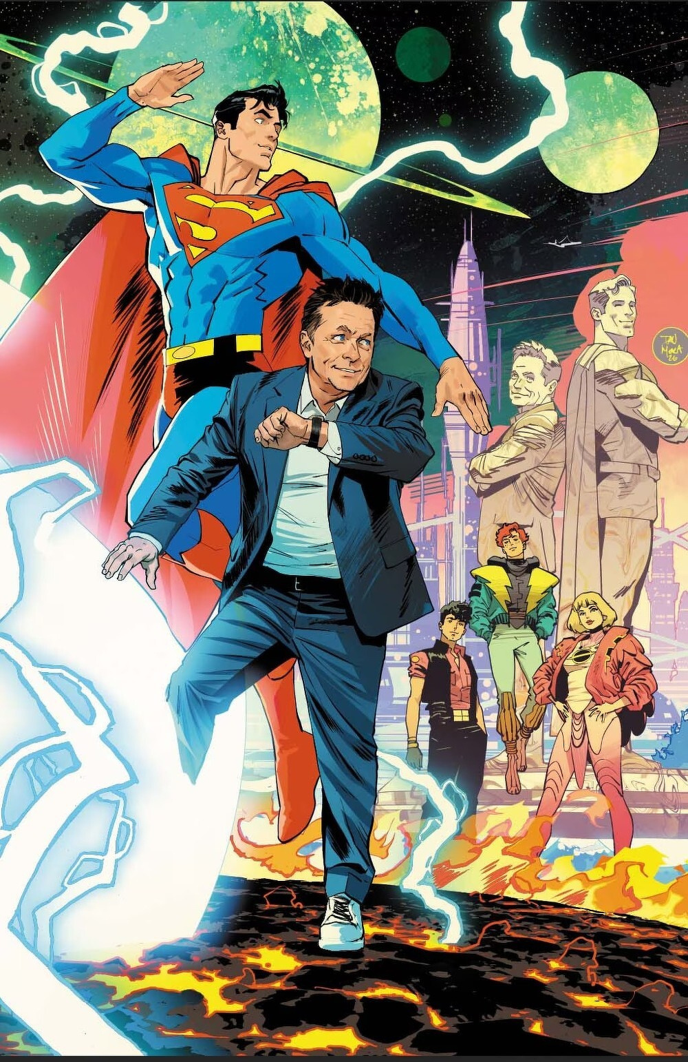 A dynamic scene features Superman striking a heroic pose alongside a man in a suit, with futuristic characters and large statues in the background amid a cosmic, electrified landscape.