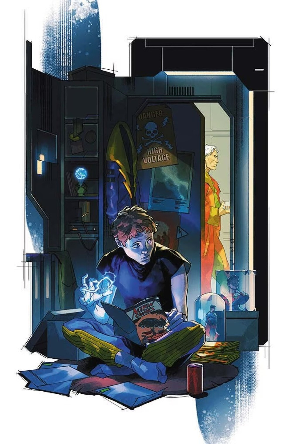A young person sits cross-legged on the floor reading a comic book while holding a glowing object in their hand, with an older person standing in a doorway behind them in a futuristic room.