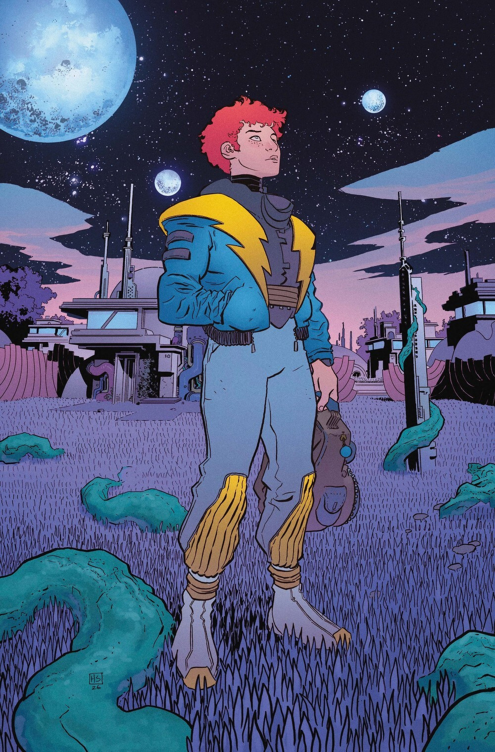 A confident young person with red hair wearing a futuristic blue and yellow outfit stands in an otherworldly landscape under a starry sky with multiple moons.