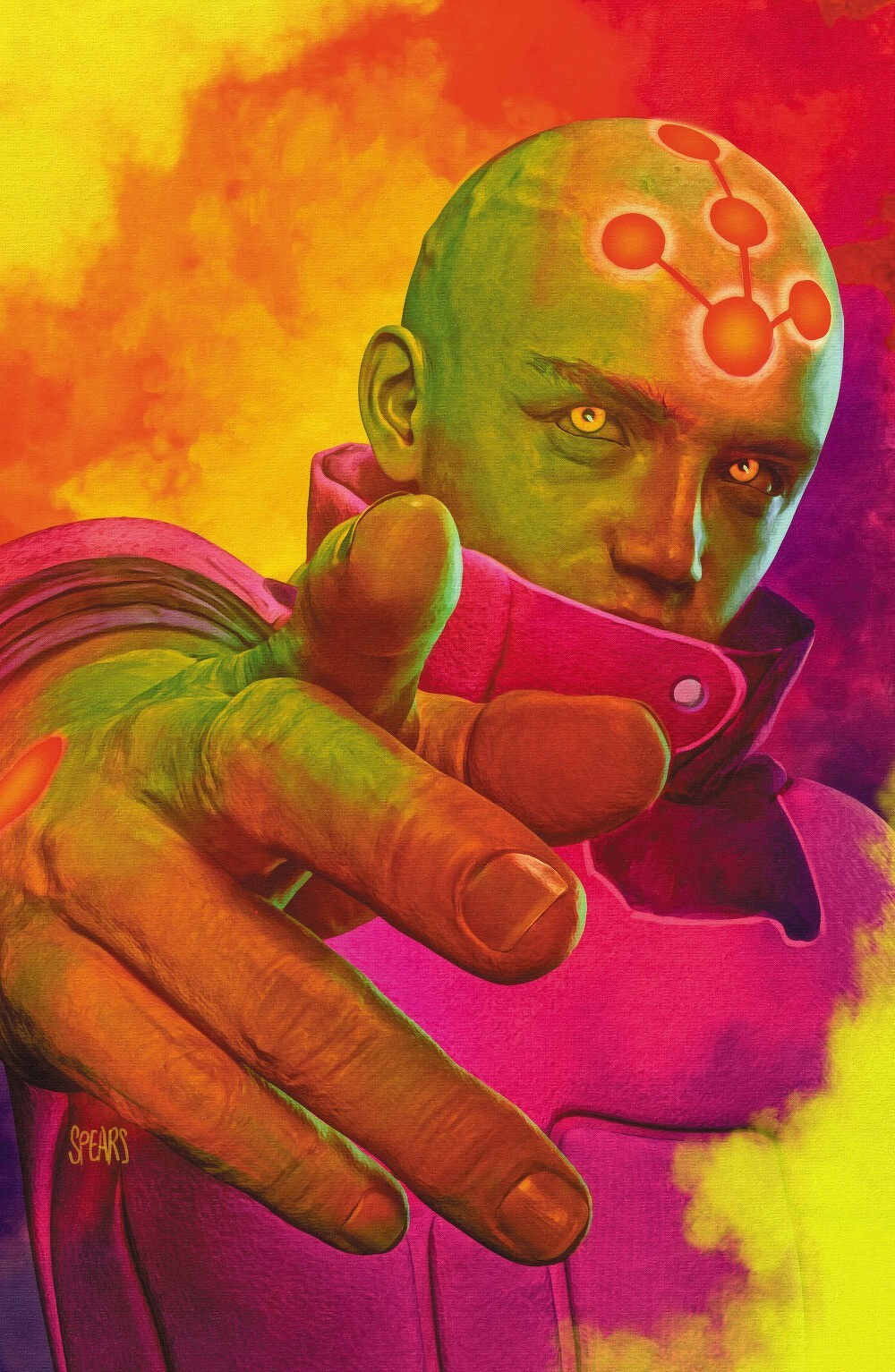 A green-skinned figure with glowing eyes and a molecular symbol on their forehead points directly toward the viewer against a vibrant yellow and red smoky background.