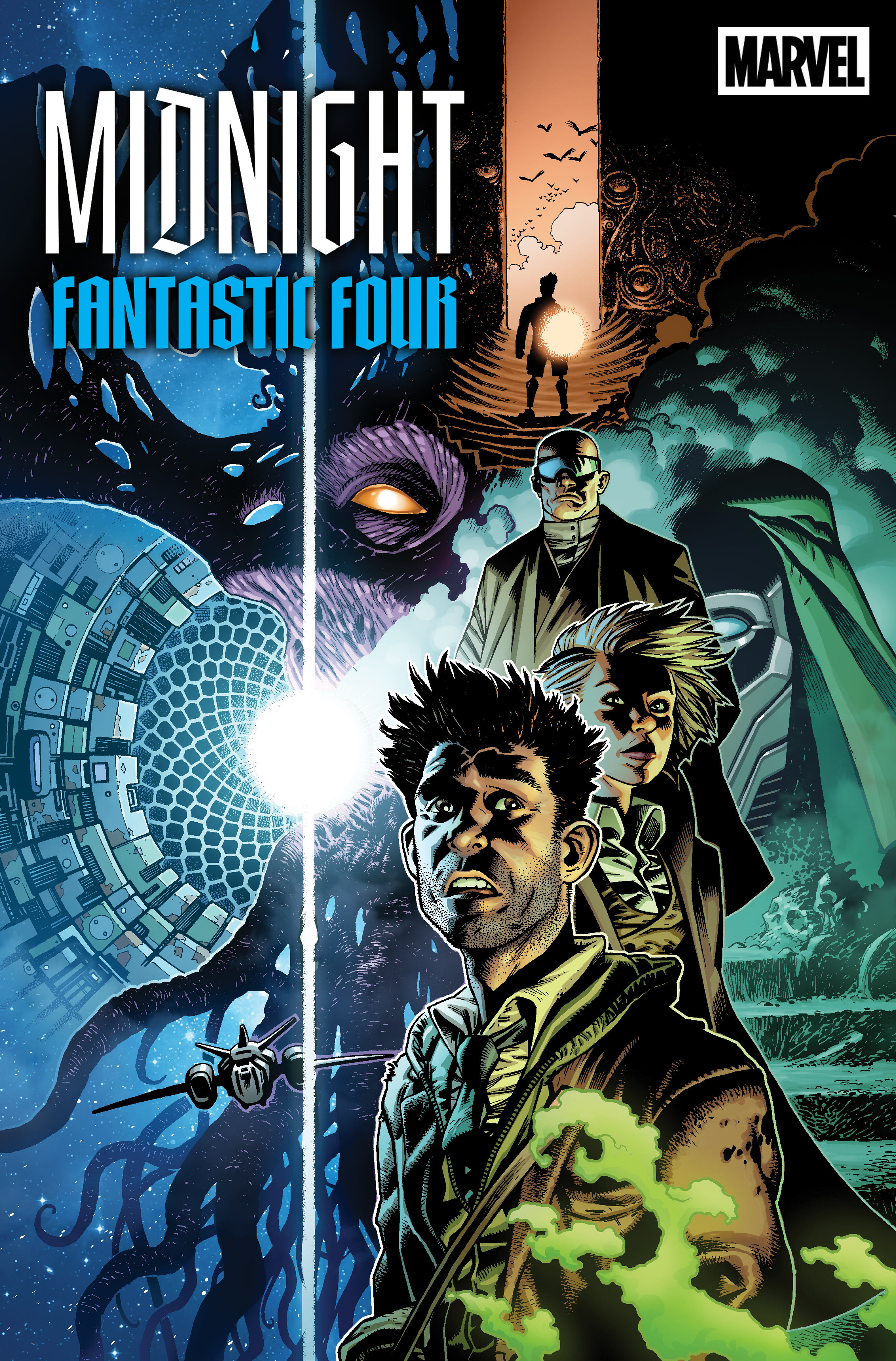 Auto-generated description: A group of characters stands amid a cosmic and mysterious background with a glowing light in the middle, accompanied by tentacles, technological elements, and shadowy figures, under the title Midnight Fantastic Four and the Marvel logo.