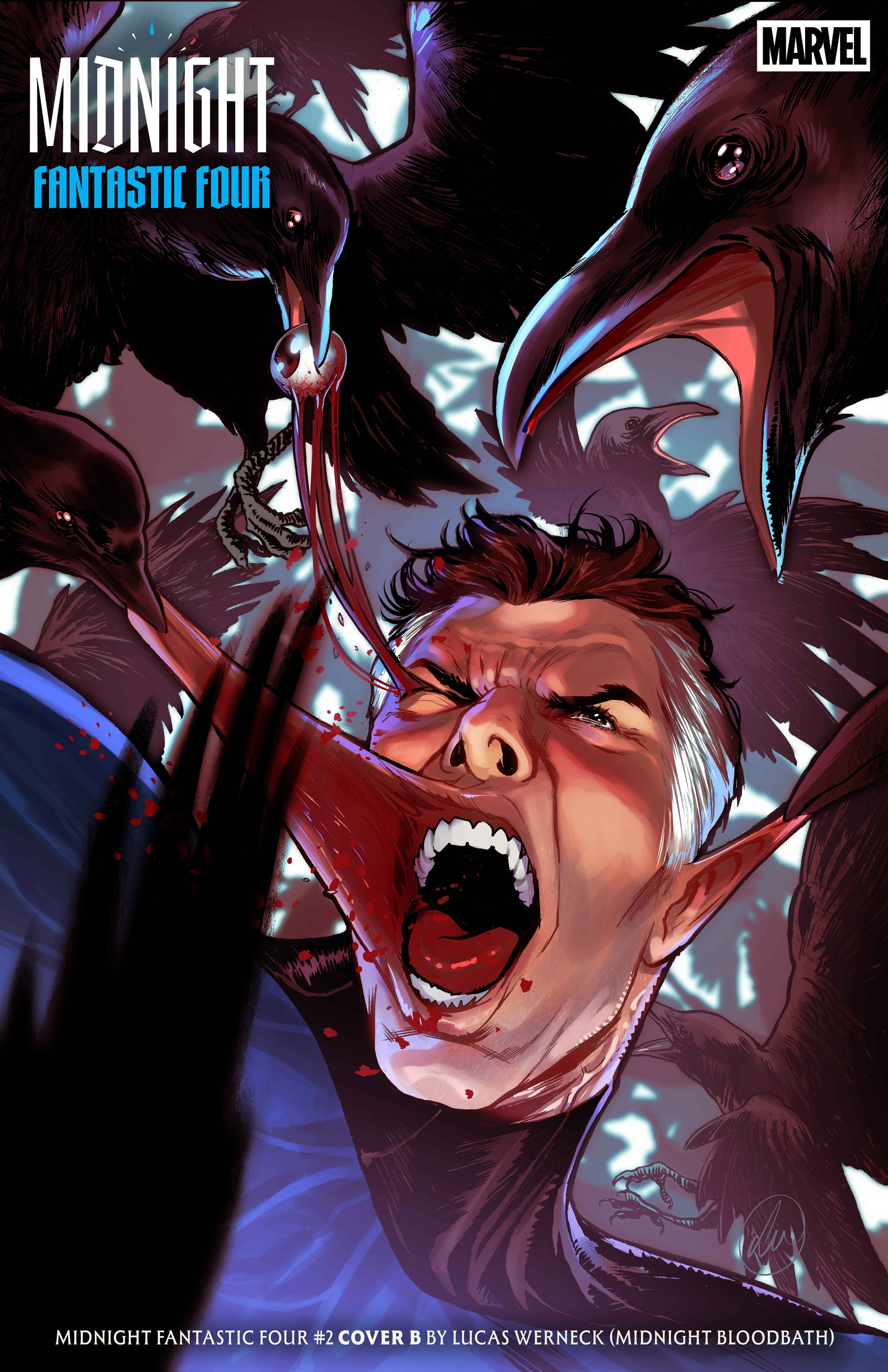 Auto-generated description: A man with white hair is being attacked by several aggressive black birds, one of which is biting into his face with blood splattering around.