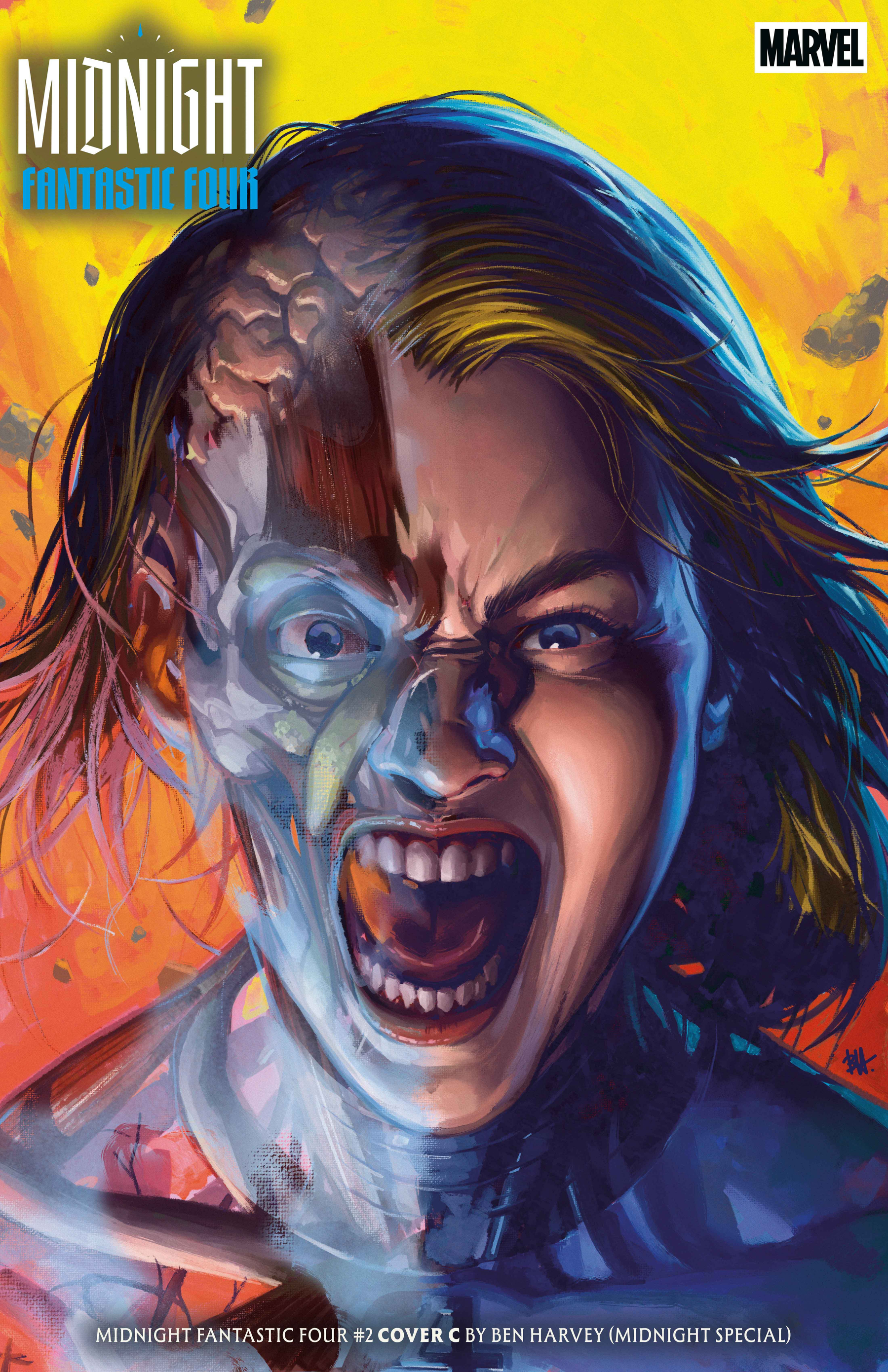 Auto-generated description: A fierce, partially monstrous face with one side human and the other side transforming into a robotic or decayed form is depicted against a vibrant yellow-orange background.