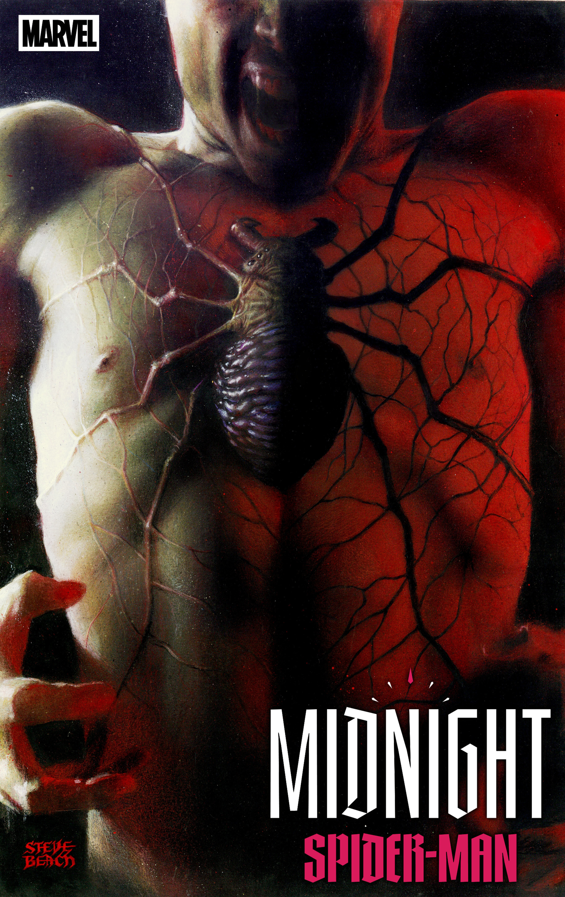 Auto-generated description: A muscular figure with glowing veins and a monstrous heart is seen screaming, with the text MIDNIGHT SPIDER-MAN and the Marvel logo displayed.