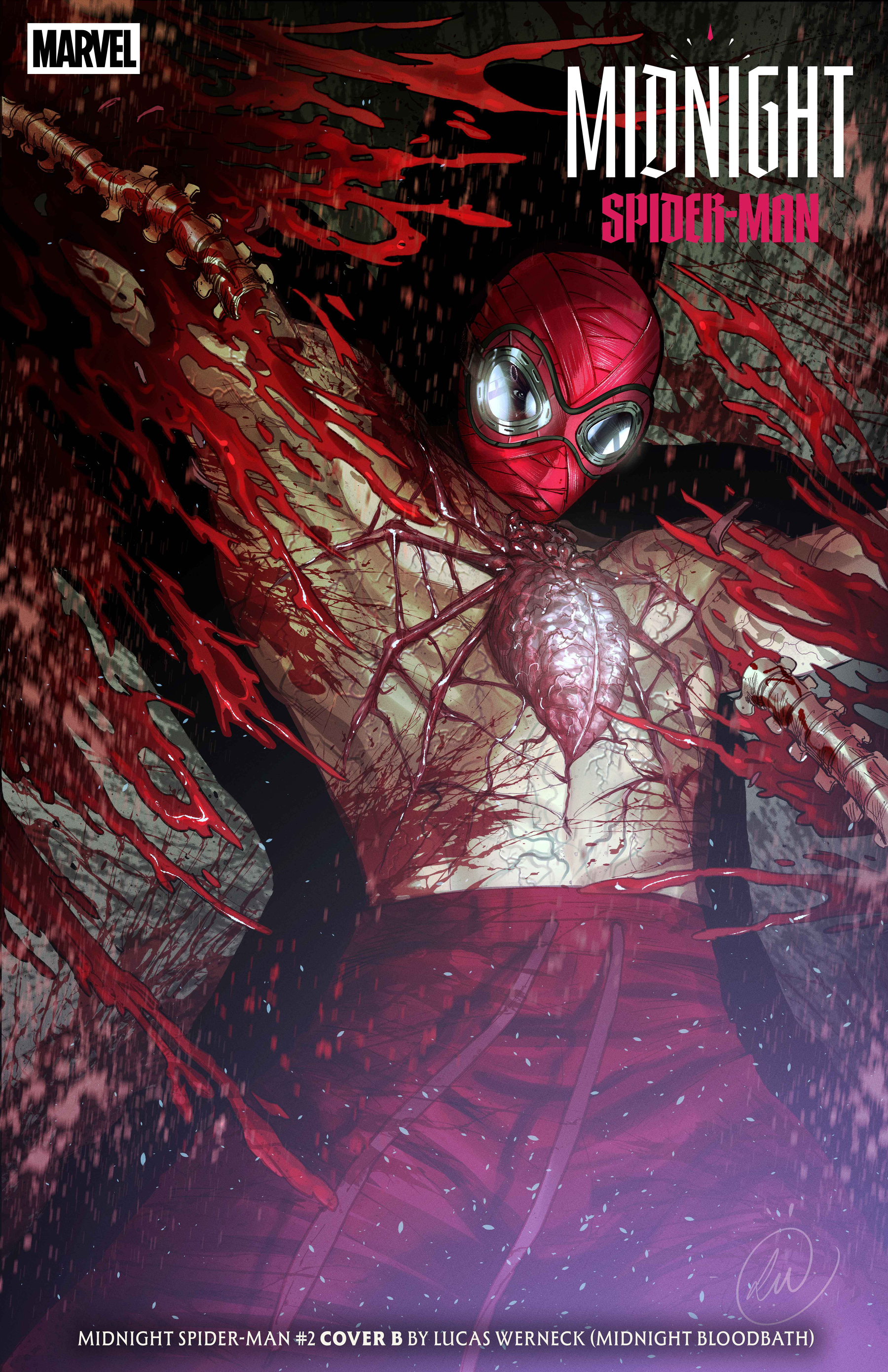 Auto-generated description: Spider-Man is depicted in a dark, intense scene with a grotesque, bloodied transformation involving a spider-like creature emerging from his chest, on the cover of Midnight Spider-Man comic.
