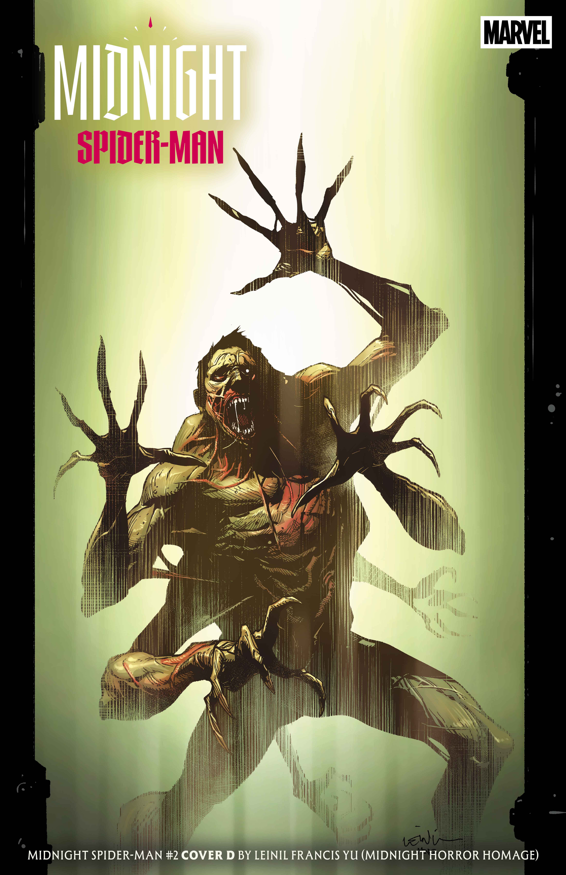 Auto-generated description: A monstrous, twisted figure with elongated, claw-like fingers and a terrifying expression is depicted against a light background, accompanied by the title Midnight Spider-Man and the Marvel logo.
