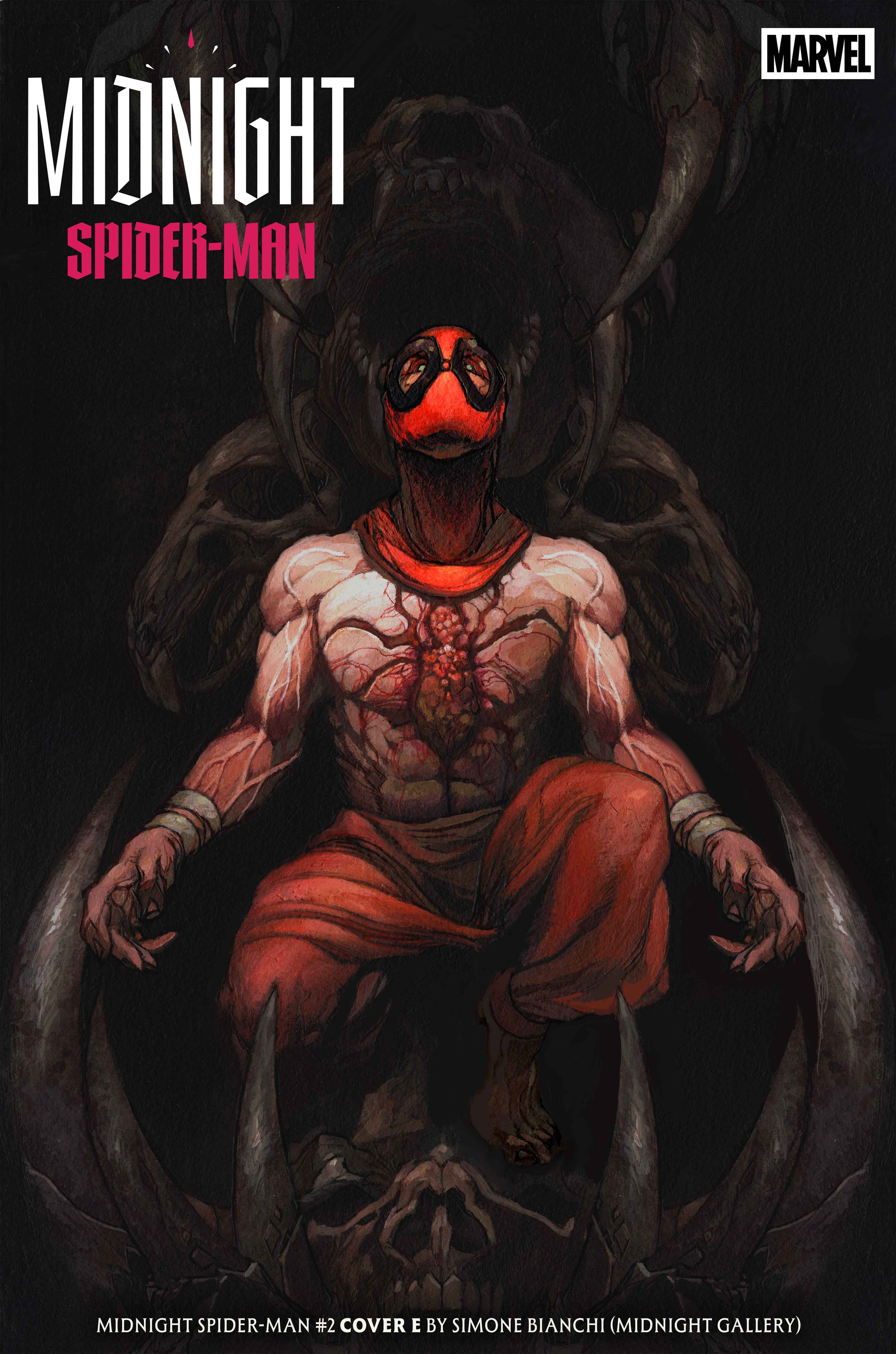 Auto-generated description: A muscular, darkly-shadowed Spider-Man stands in a powerful pose with a menacing creature looming behind him, emphasizing a grim and intense atmosphere.