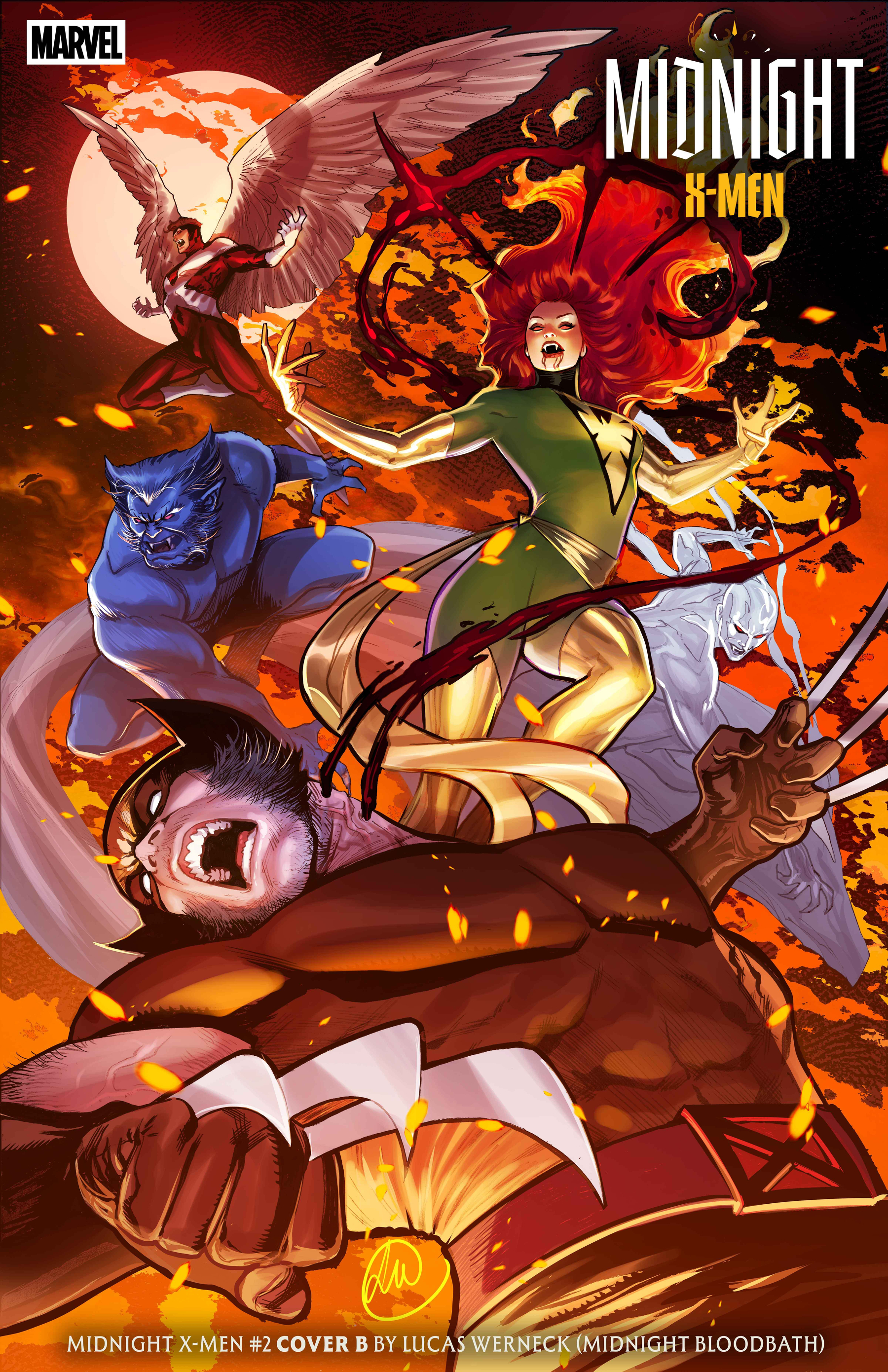 Auto-generated description: A dynamic and intense battle scene features members of the Midnight X-Men, including Wolverine, Beast, Angel, Jean Grey, and Iceman, against a fiery background.