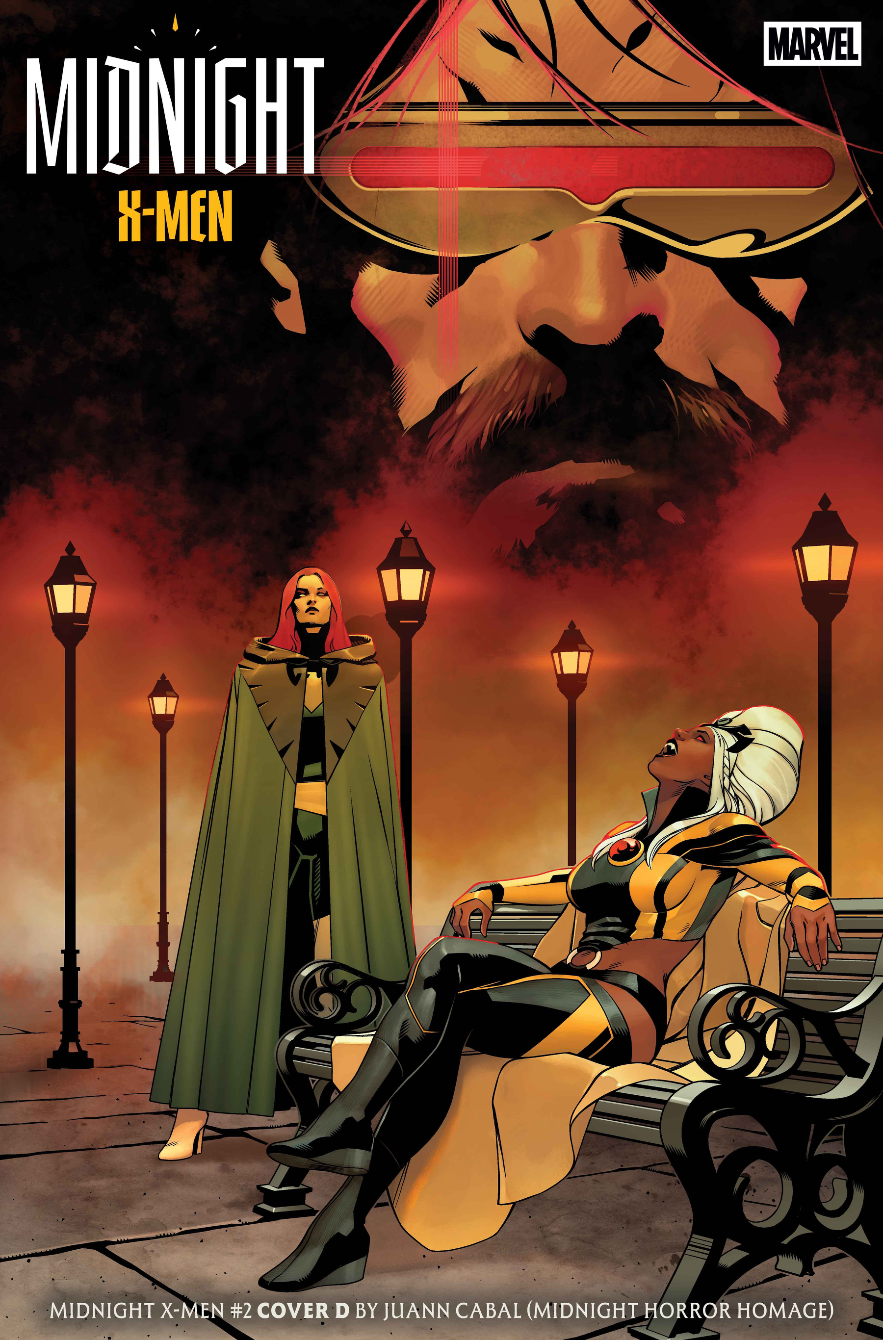 Auto-generated description: A dramatic scene featuring two X-Men characters under street lamps with a giant intense face in the background and the title MIDNIGHT X-MEN prominently displayed.