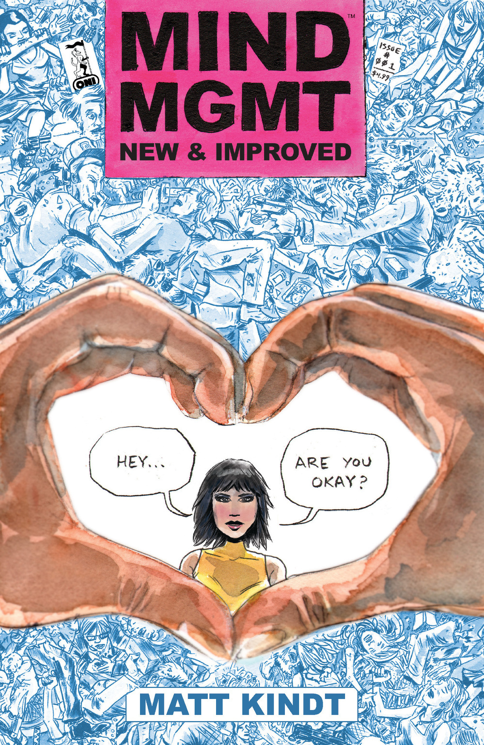 Surrounded by intricate sketches, two hands form a heart shape around a woman asking Hey... are you okay? on the cover of Mind MGMT: New & Improved by Matt Kindt.