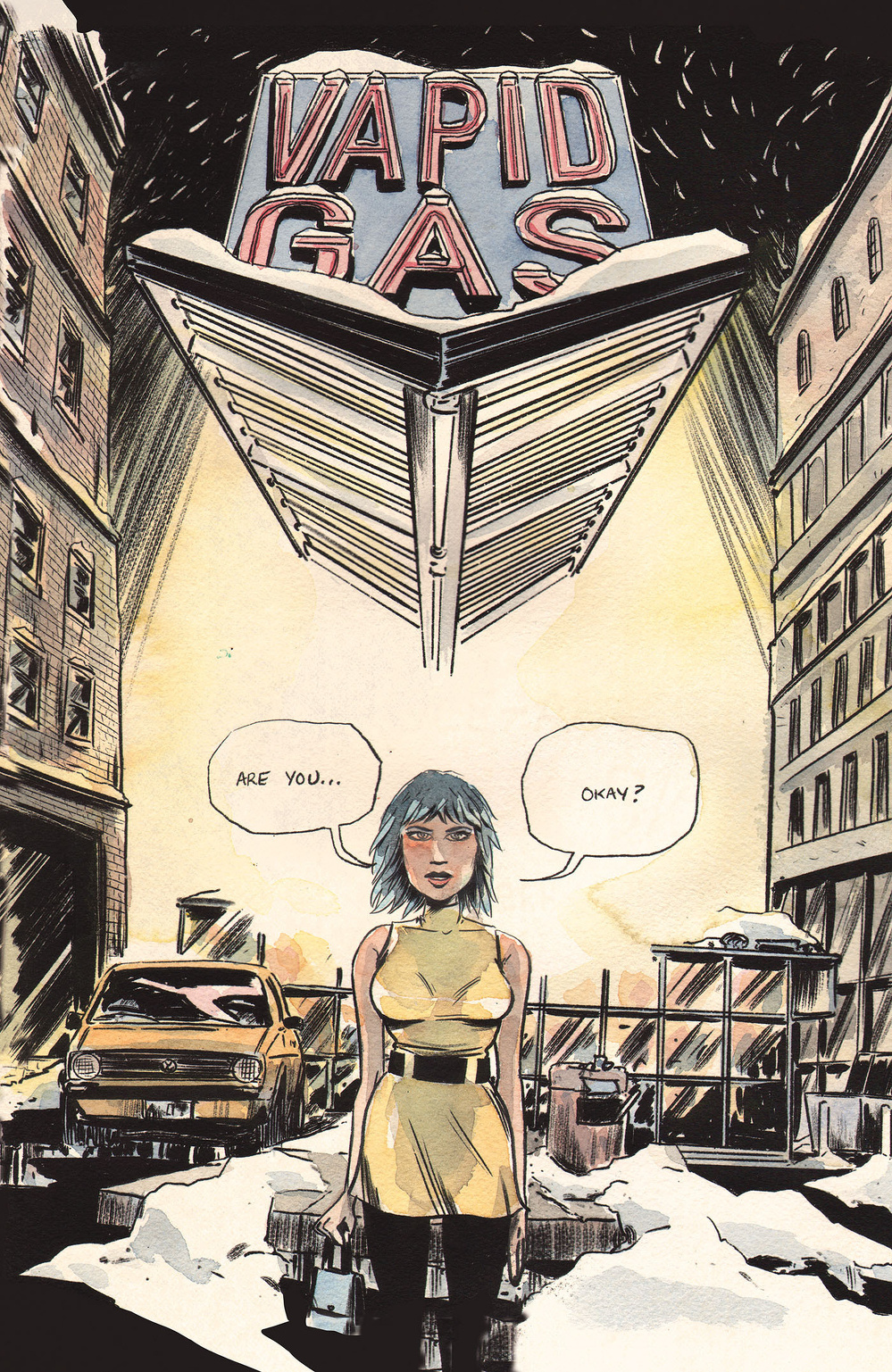 A woman holding bags stands in a snow-covered urban street under a large, illuminated VAPID GAS sign, asking, Are you... okay?