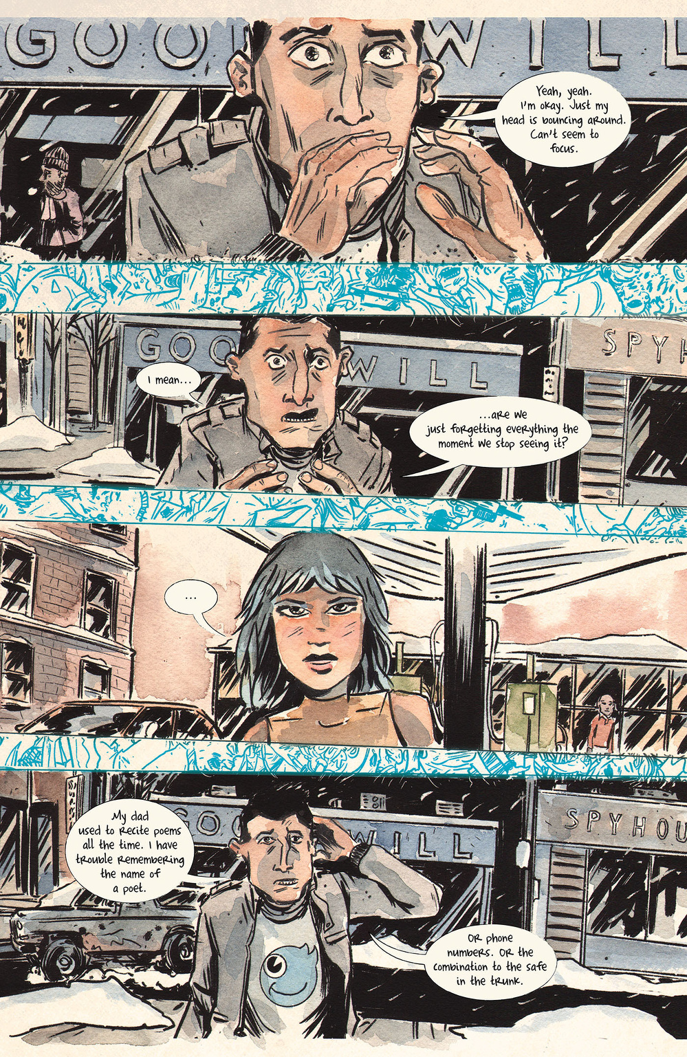 A person stands outside a Goodwill store, conversing with another individual about a disorienting feeling and a parent's past with drugs.