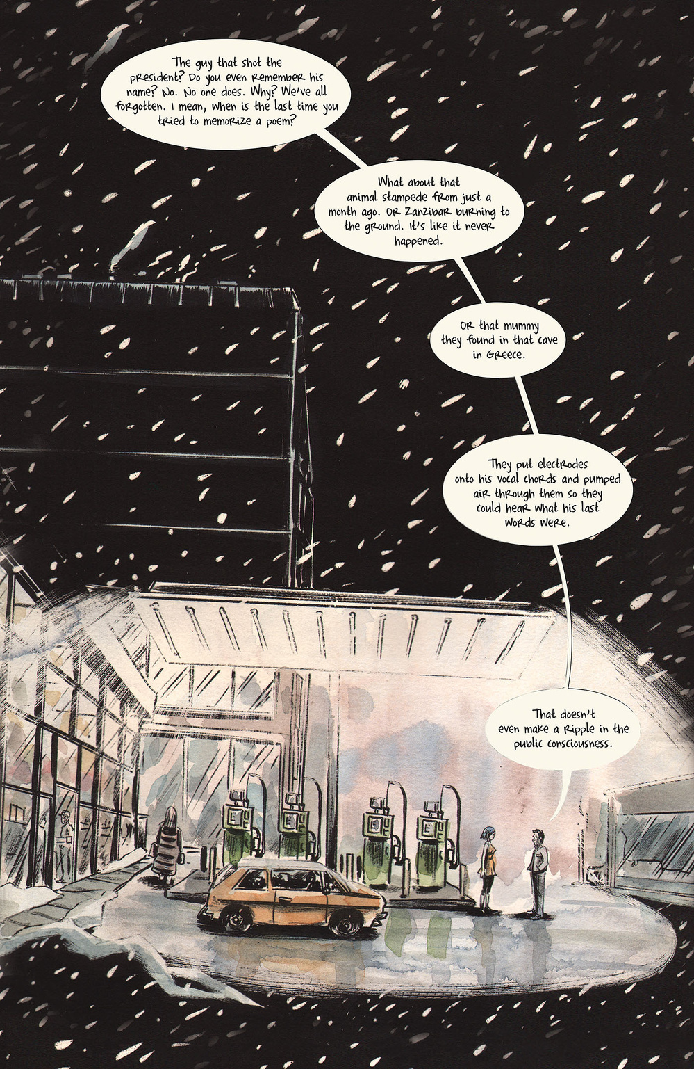 A snowy scene depicts a conversation at a gas station, discussing societal events and their impact on public consciousness.