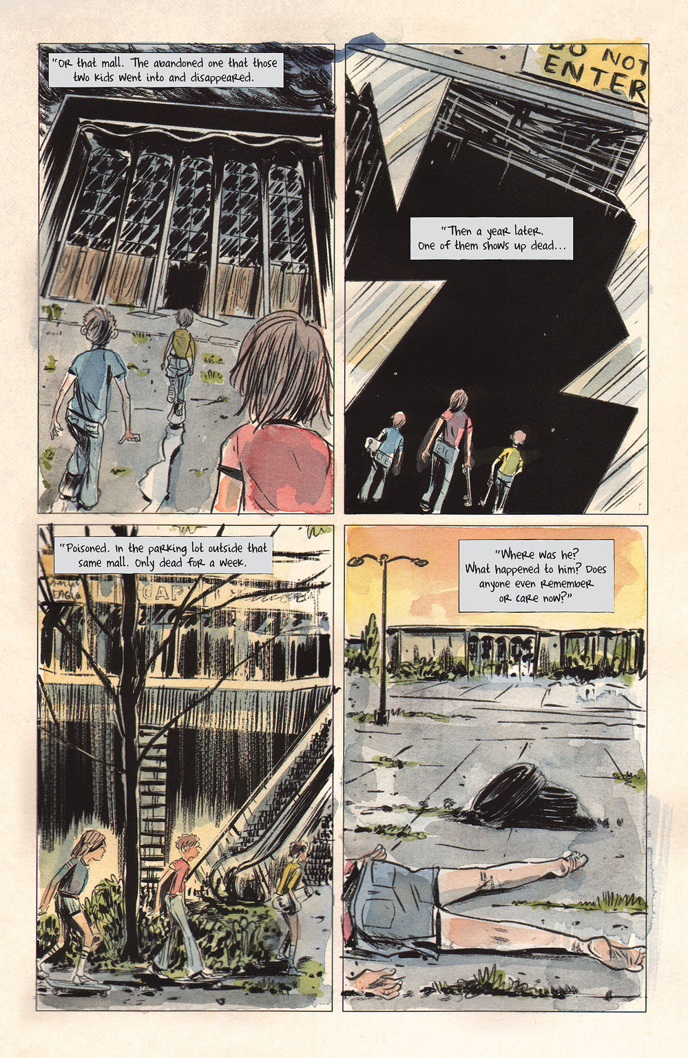 Four people explore an abandoned mall and later find a body in a desolate parking lot.