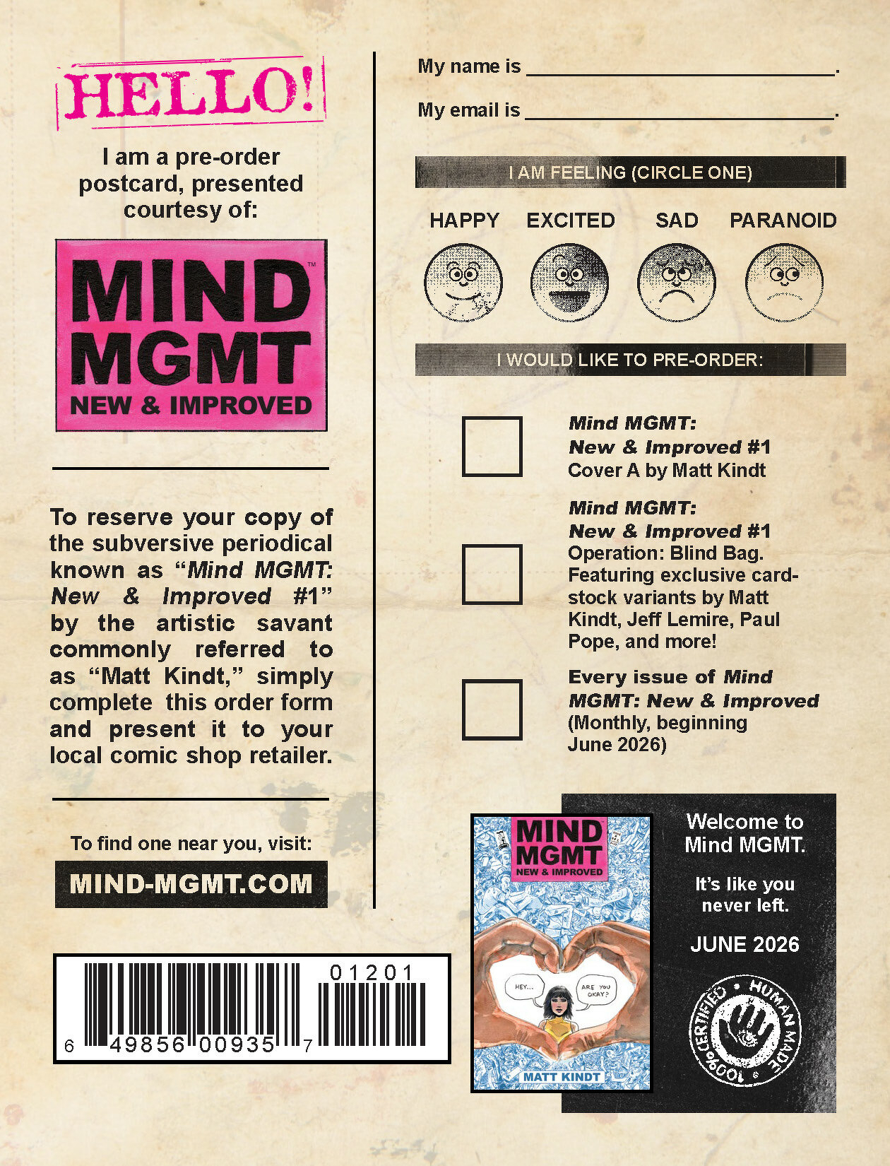MIND MGMT: NEW & IMPROVED Pre-Order Postcard