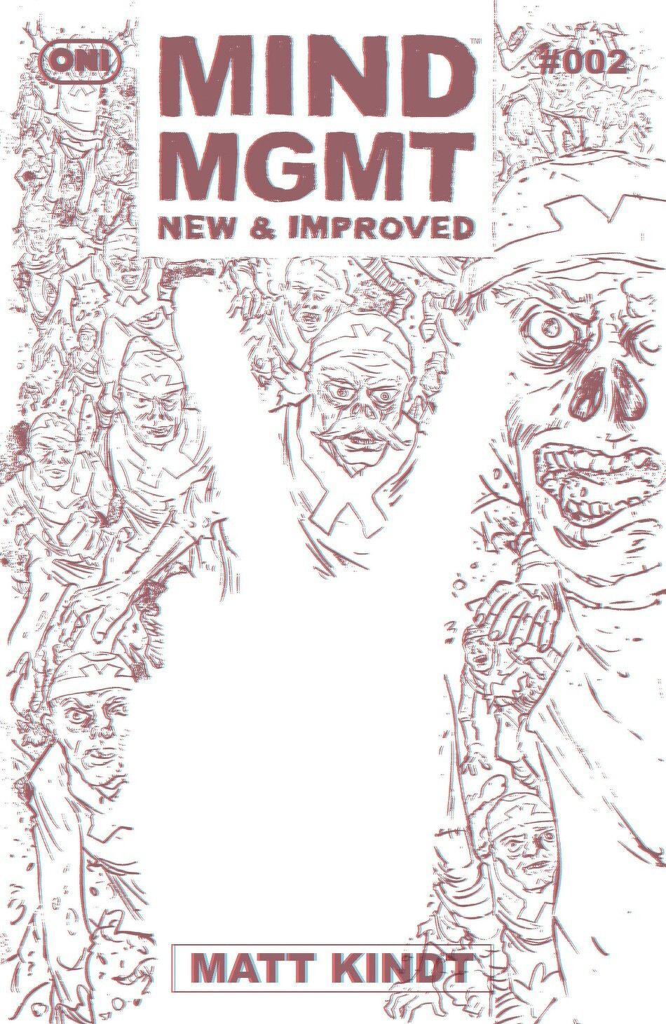 A comic book cover for MIND MGMT #002 features a distressed character in the foreground and a crowd of people in the background, all illustrated in a sketchy red and white style.