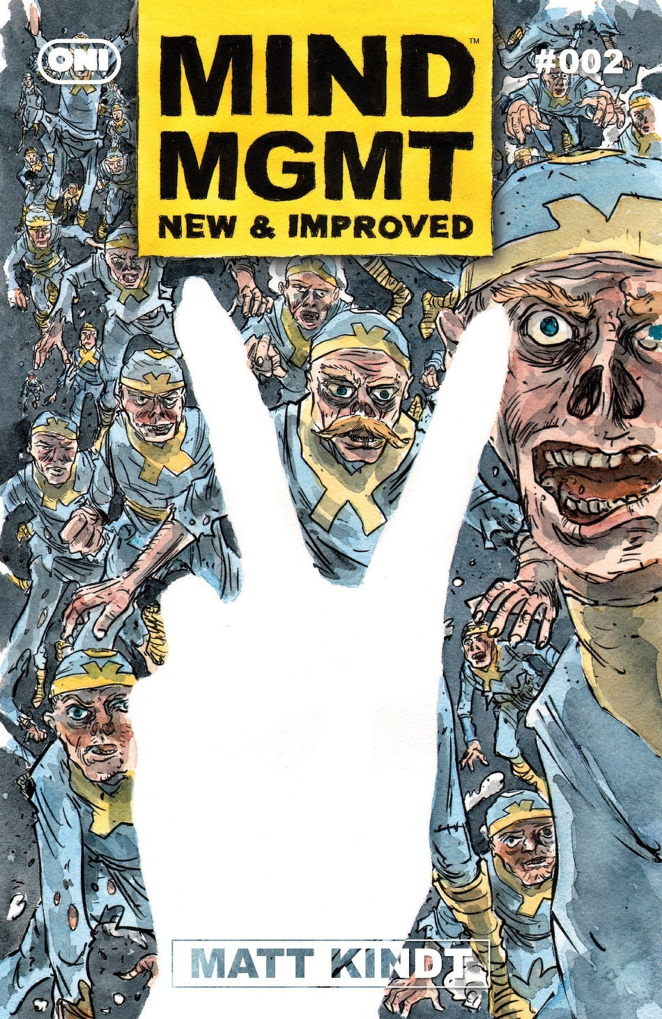 A comic book cover featuring a chaotic scene of multiple blue-clad figures with exaggerated expressions surrounding a large, irregular white shape, with the title MIND MGMT: NEW & IMPROVED at the top.