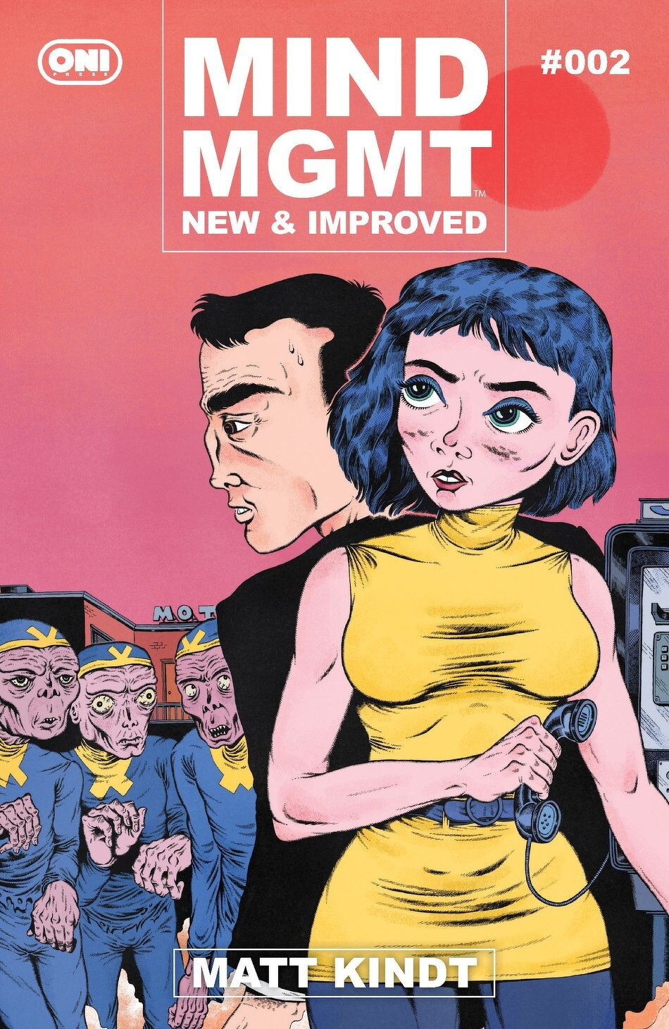 A comic book cover features a man and a woman in the foreground with an intense expression, dressed in retro-futuristic attire, while a group of peculiar, uniformed figures stands behind them.