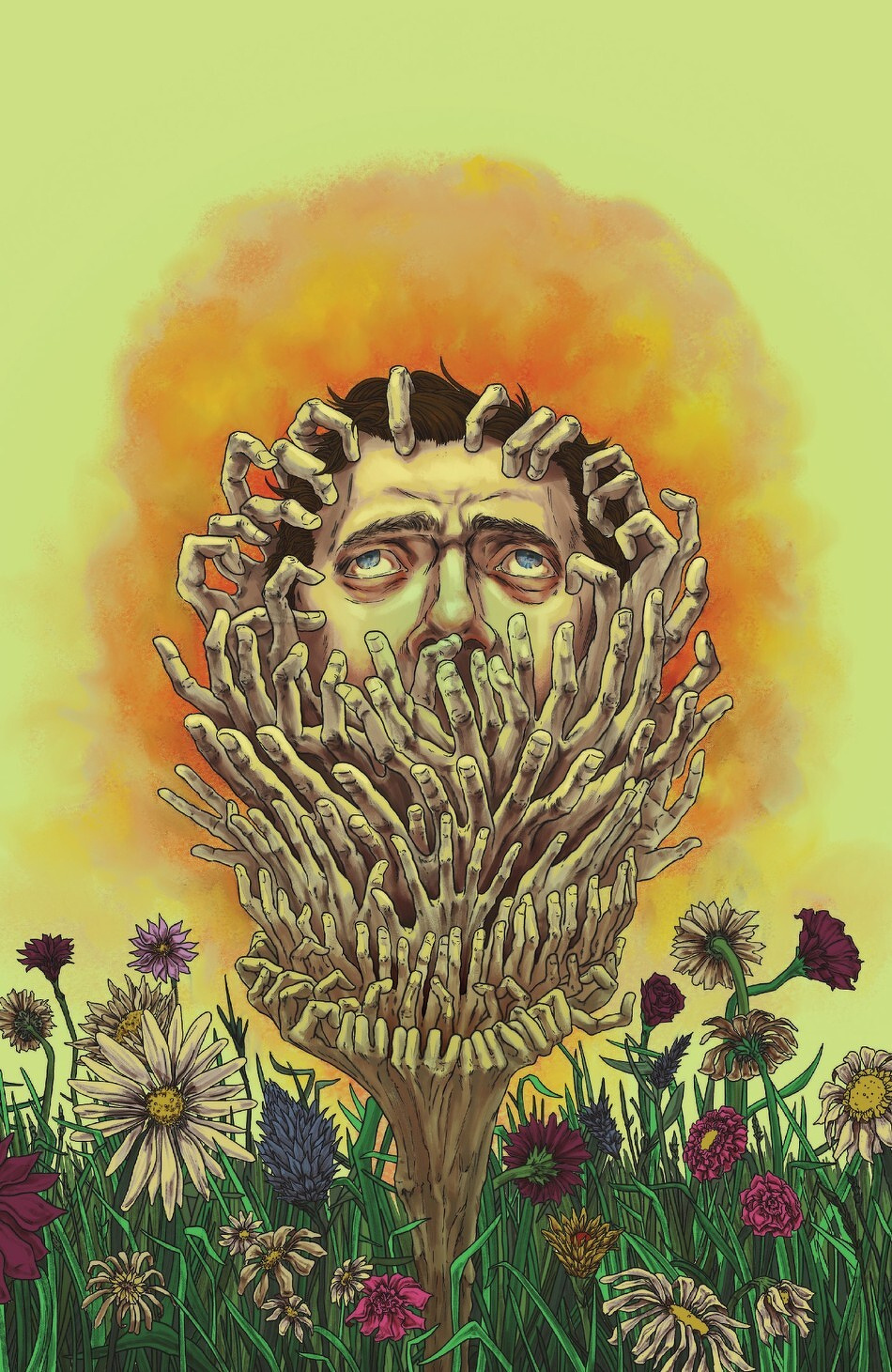 A man's face emerges from a flower with petals resembling skeletal hands, surrounded by colorful flowers under a vibrant sky.