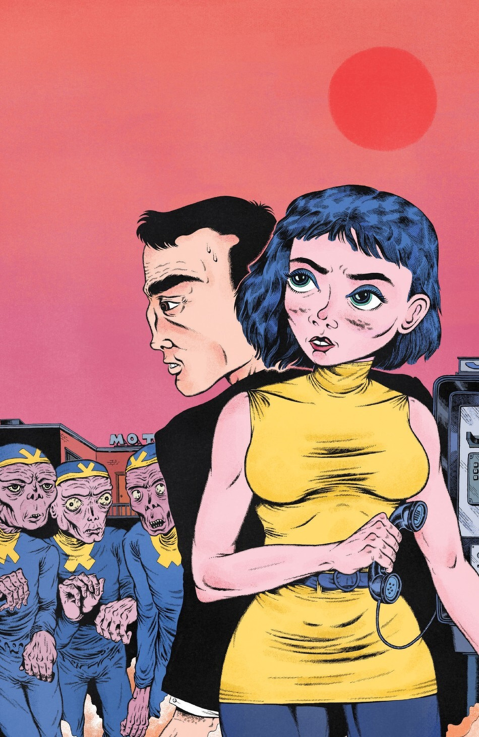 A woman with blue hair holds a phone receiver while standing next to a man in front of a sunset sky, with zombie-like figures wearing yellow scarves approaching in the background.