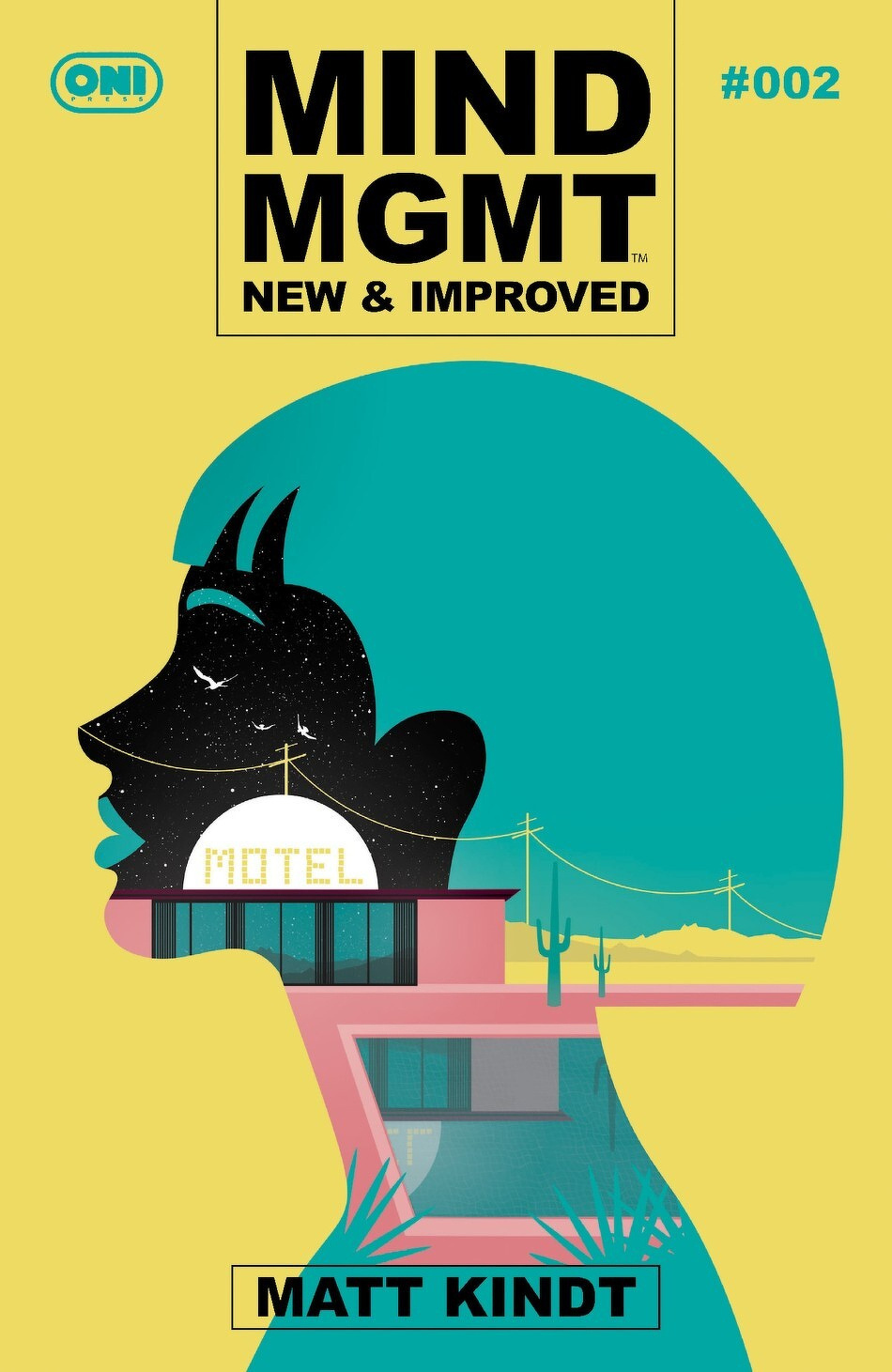 A stylized silhouette features a motel scene within a profile against a yellow background, with the title Mind MGMT New & Improved by Matt Kindt.