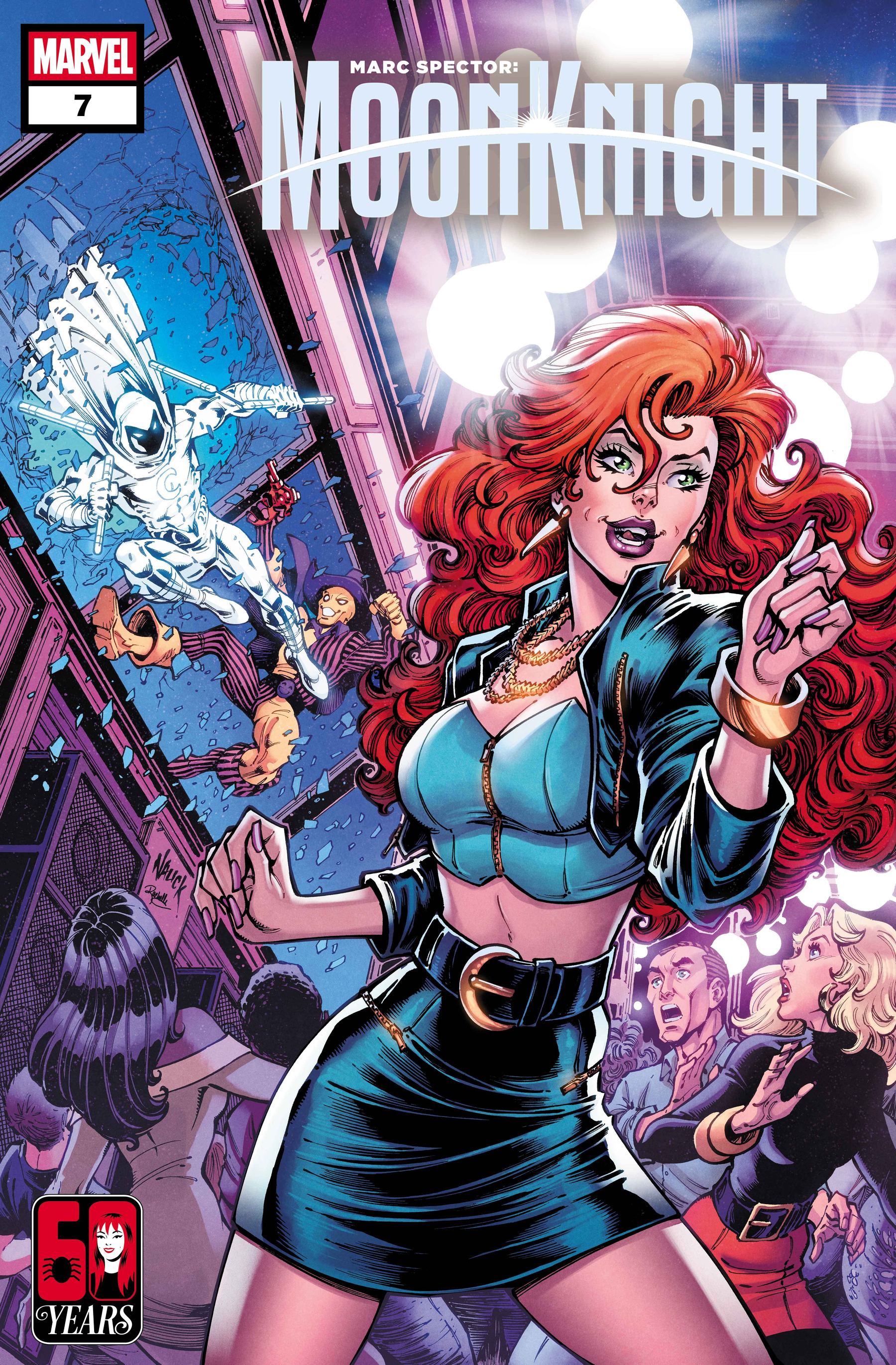 Auto-generated description: A confident woman in a stylish outfit stands in the foreground while a dynamic fight scene unfolds in the background with Moon Knight.