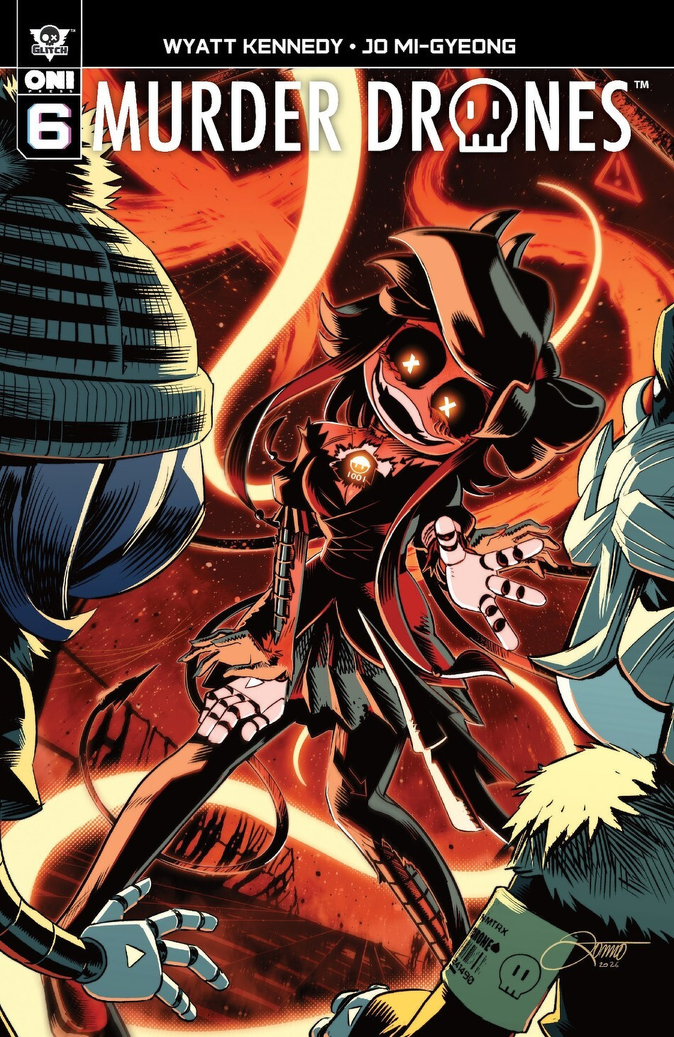 A menacing figure with glowing eyes stands surrounded by flames, as two others look on in a comic-style illustration.