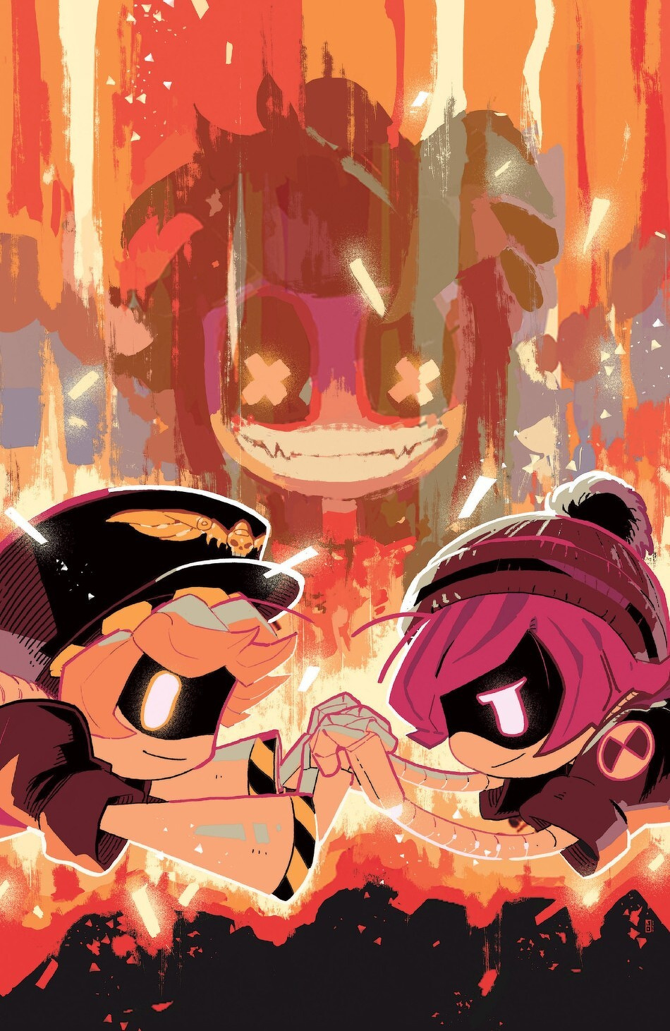 Two stylized cartoon characters fist bump amidst a fiery background, with a larger smiling figure looming above them.