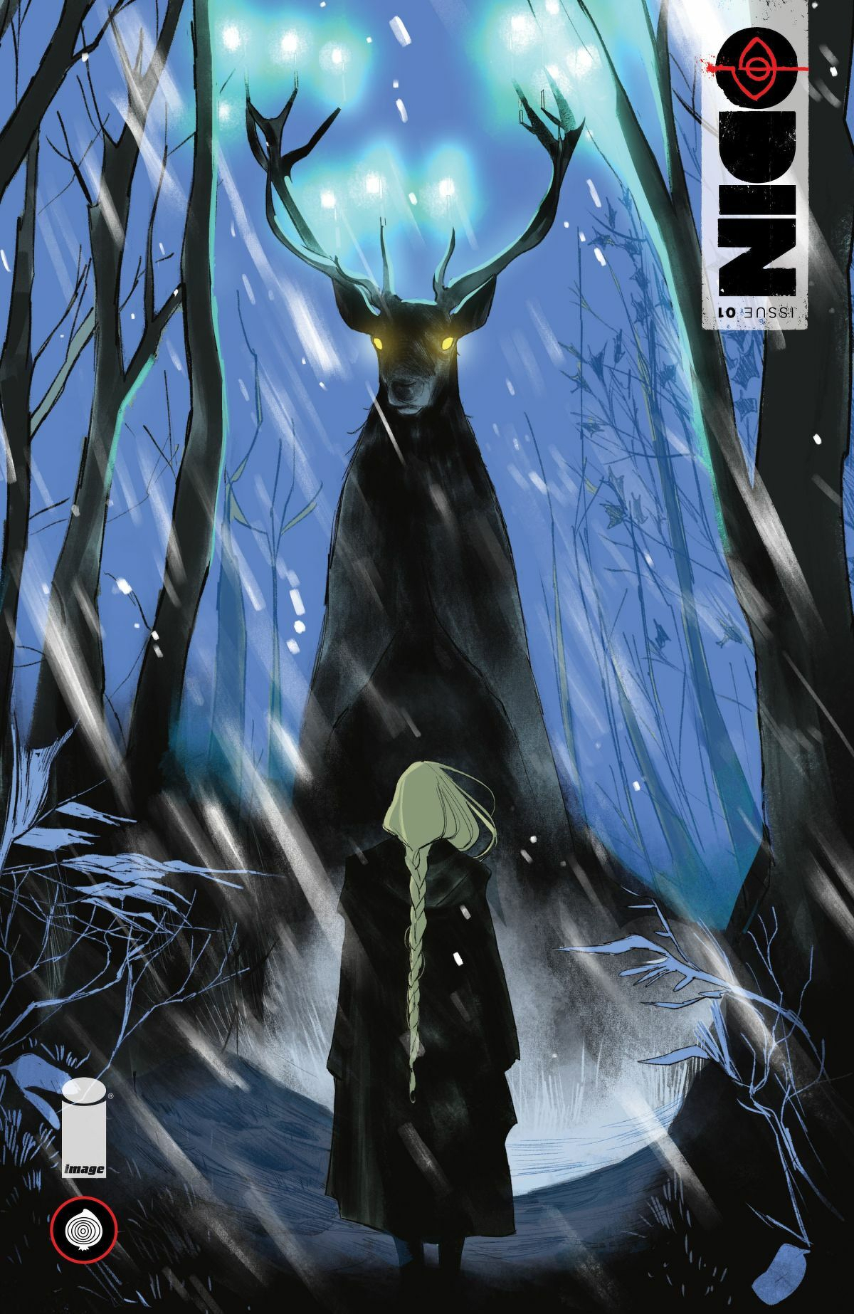 A cloaked figure with a long braid stands in a snowy forest, facing a tall, glowing-antlered creature with yellow eyes.