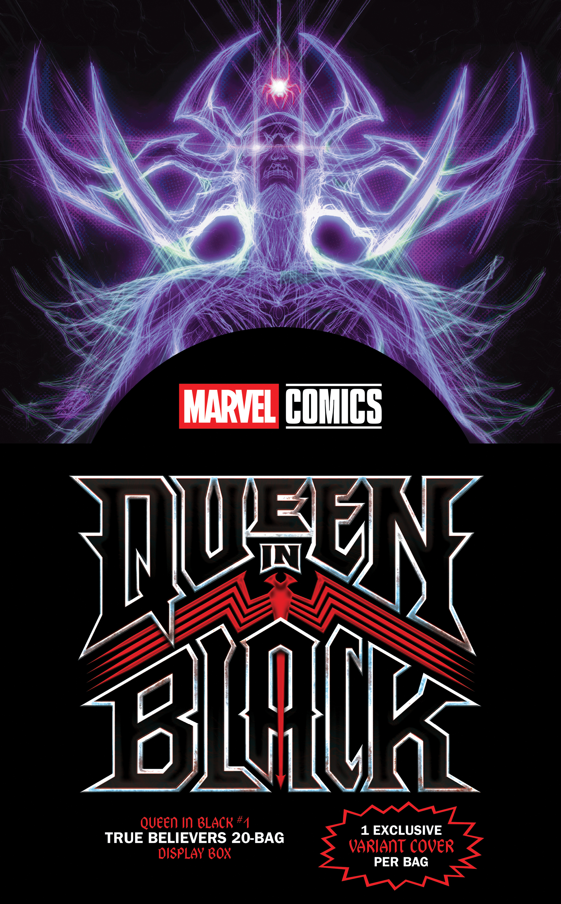 Auto-generated description: A stylized purple and blue mask-like design appears above the Marvel Comics logo and the text Queen in Black, which has a metallic look, with promotional details below.