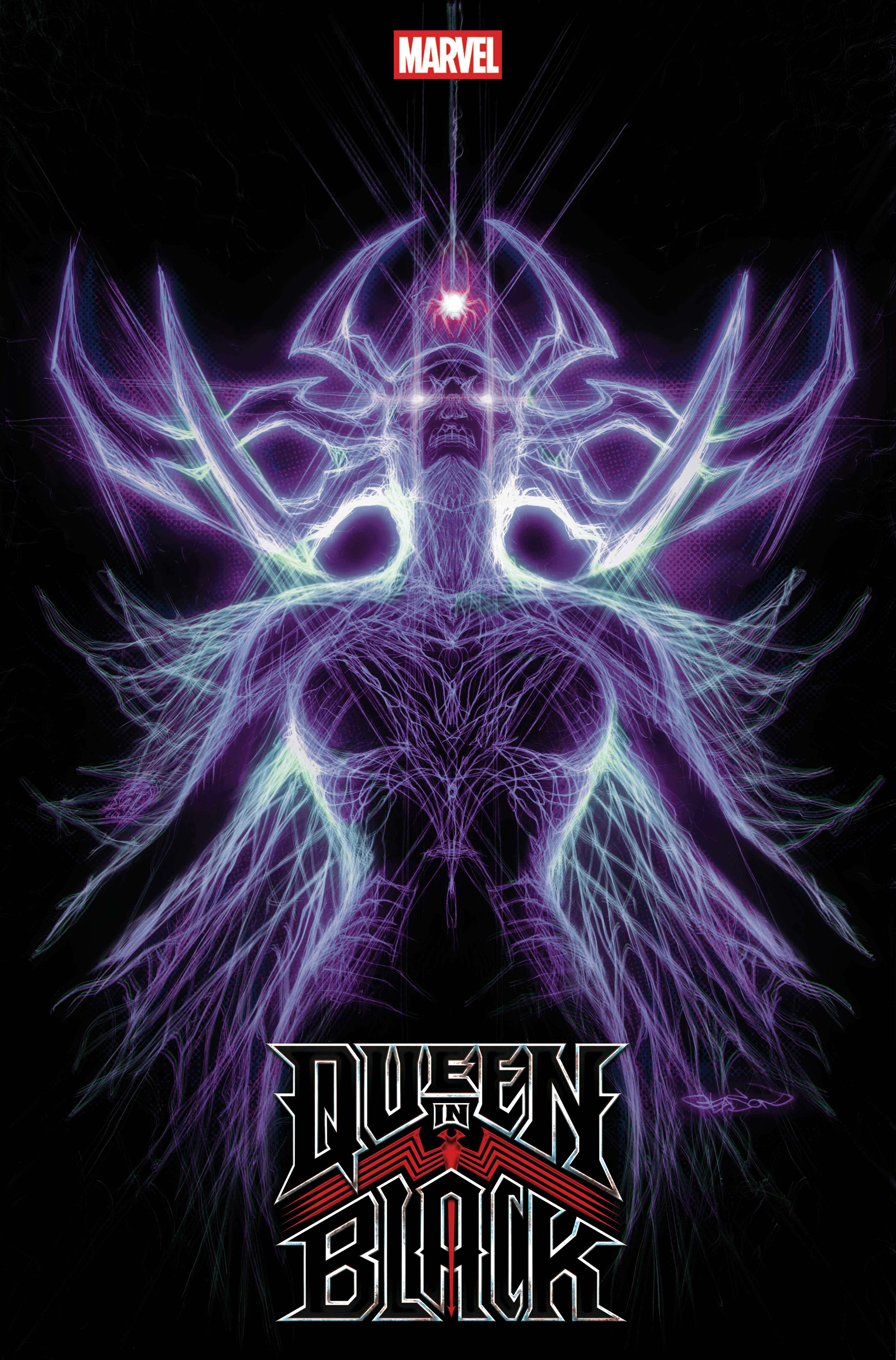 Auto-generated description: A powerful, otherworldly figure with glowing, intricate purple and blue lines stands beneath the title Queen in Black in a dramatic, cosmic style.