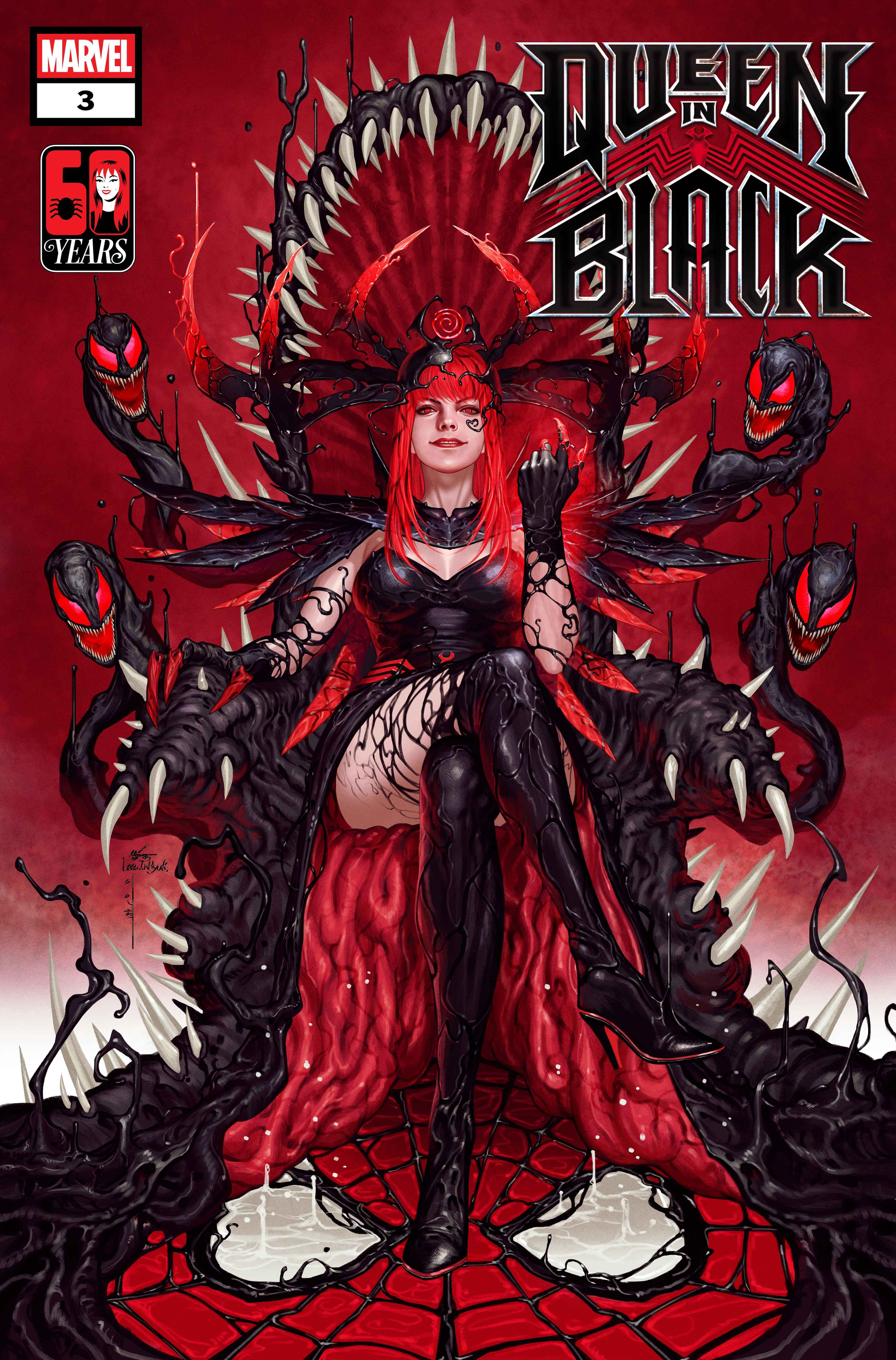 Auto-generated description: A woman clad in black and red attire sits on a throne enveloped by menacing, snake-like creatures with sharp teeth, under the title Queen in Black.