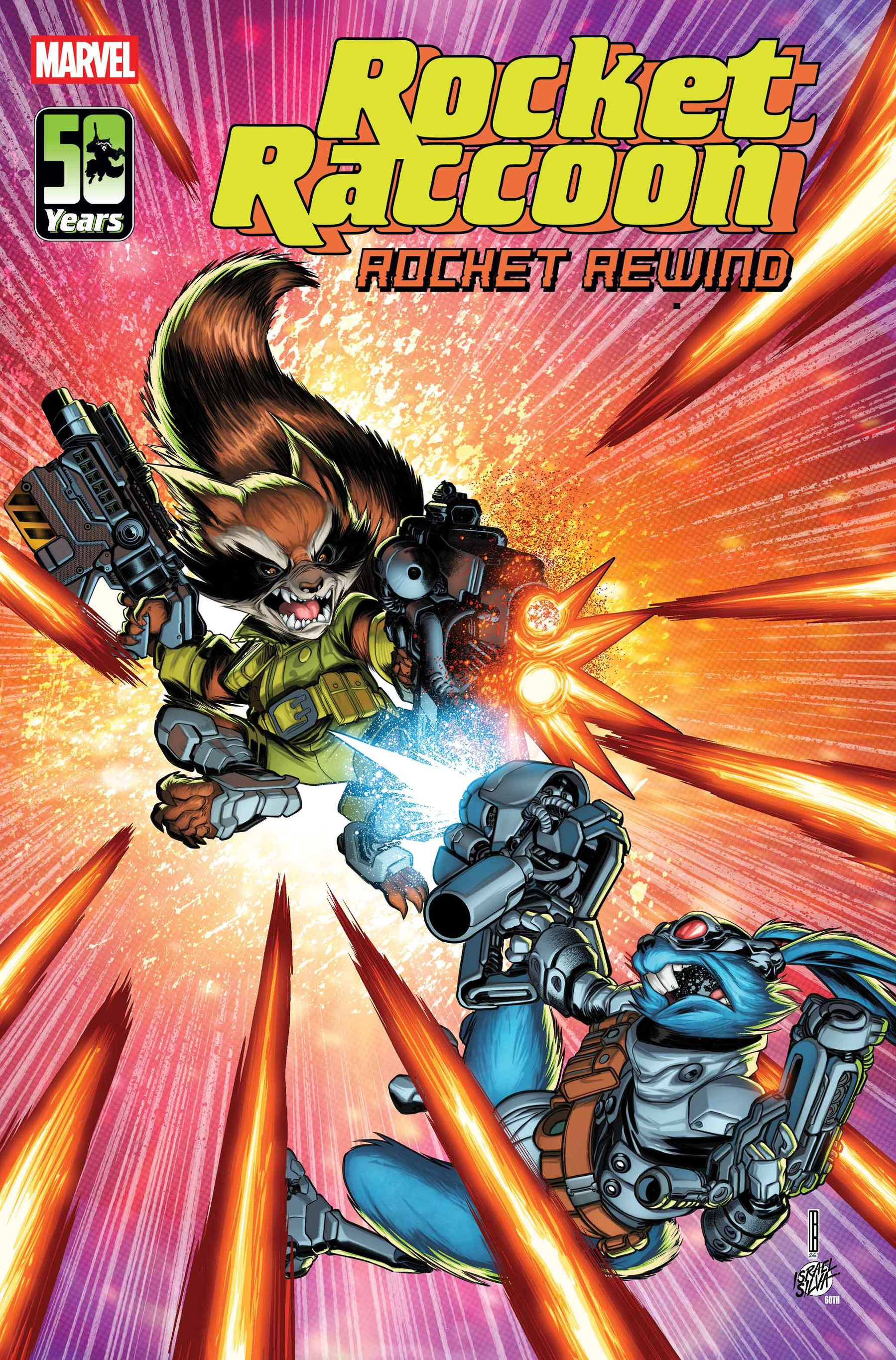 Auto-generated description: A dynamic comic book cover featuring Rocket Raccoon engaging in an intense laser battle with a blue-furred opponent against a radiant, explosive backdrop.