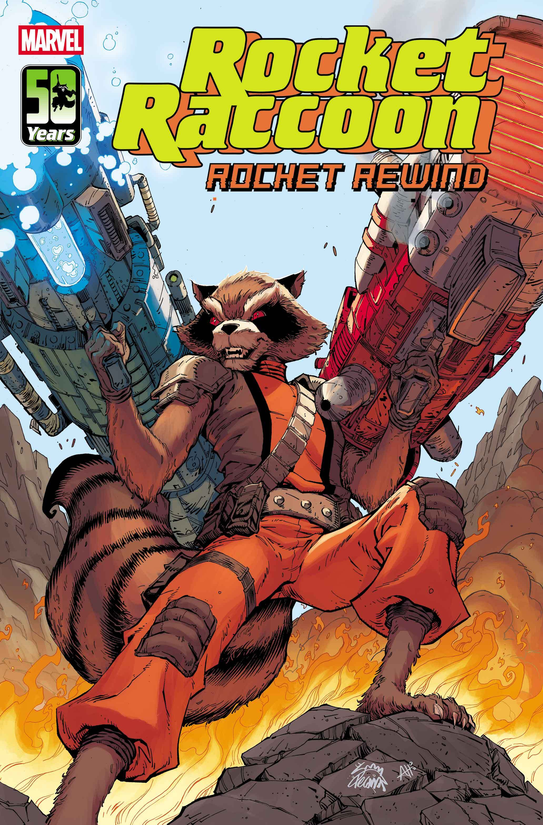 Auto-generated description: A raccoon wearing an orange outfit is holding two large, colorful blasters against a backdrop of smoke and fire, with the text Rocket Raccoon: Rocket Rewind featured prominently.