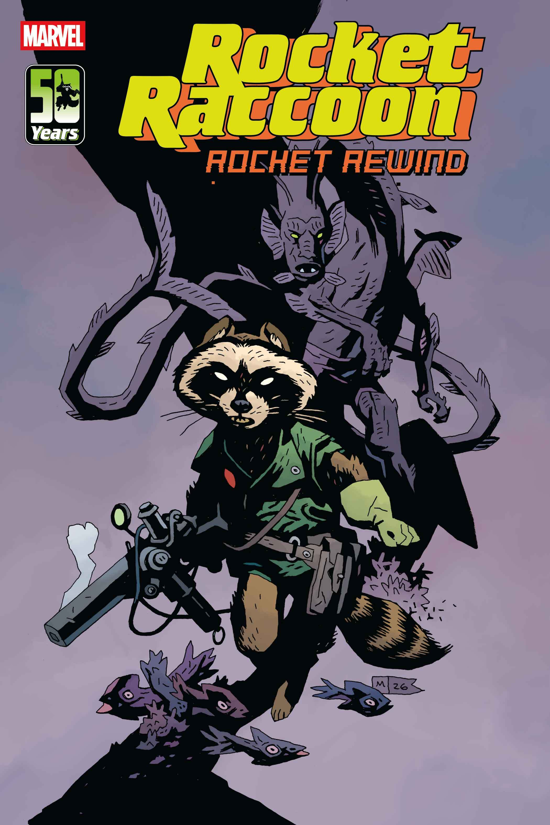 Auto-generated description: A raccoon-like character in a green outfit and armed with a futuristic weapon rides a pterodactyl-like creature over flying birds.