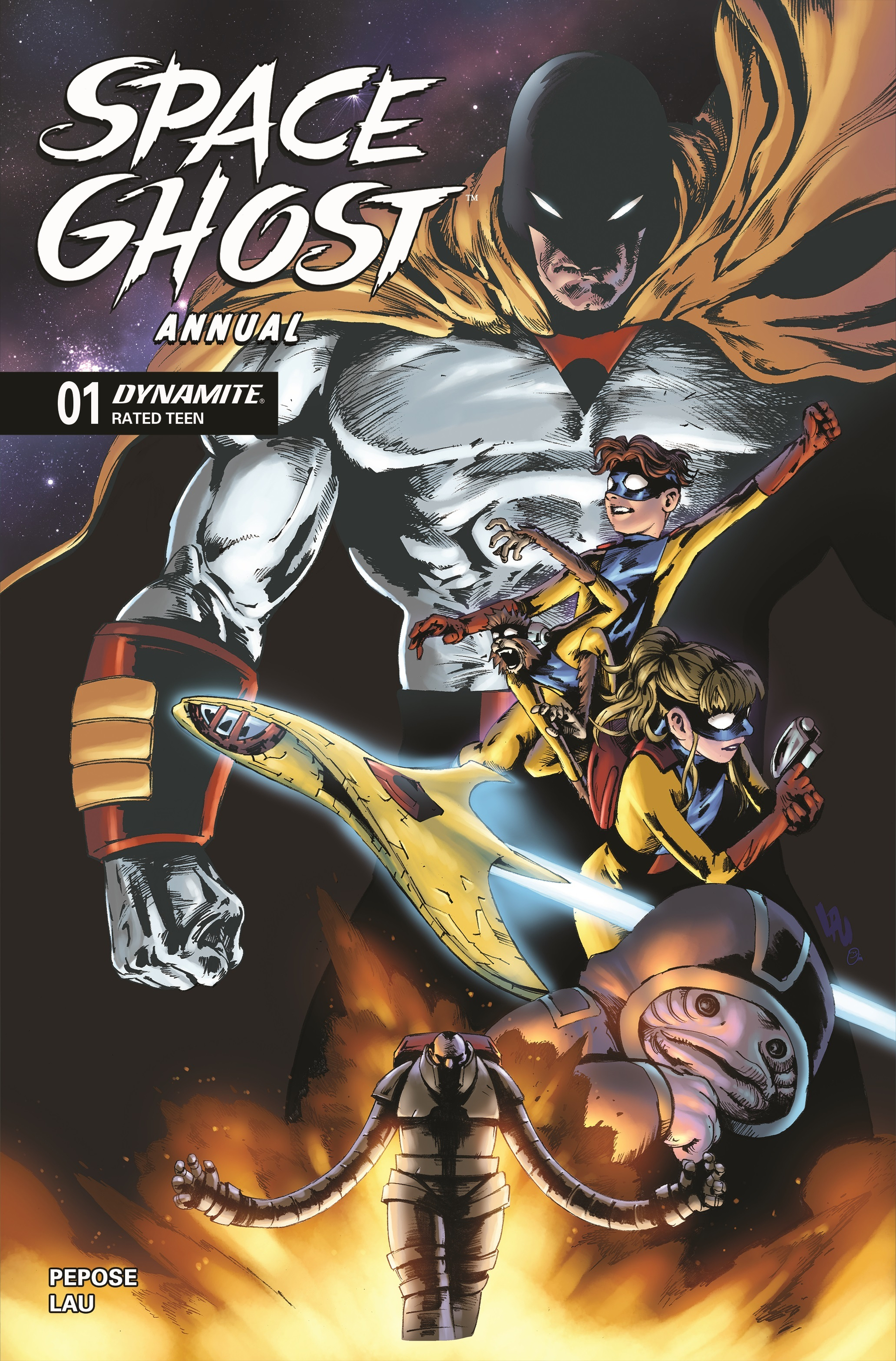 Auto-generated description: A dynamic comic book cover features a superhero flying through space with two sidekicks on a futuristic vehicle, confronting a robot amidst an explosion.