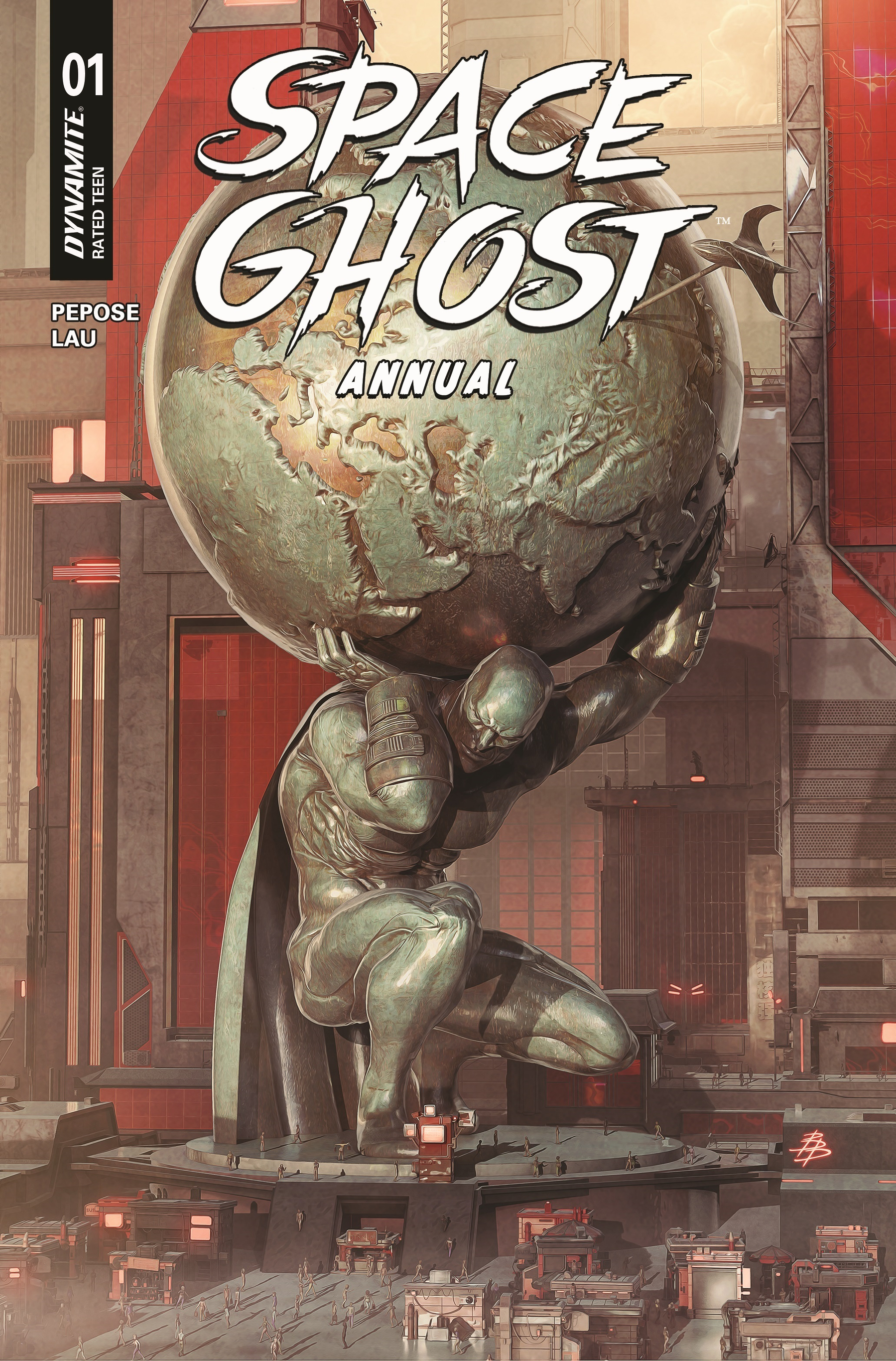 Auto-generated description: A comic book cover features a large statue of a superhero resembling Space Ghost holding a globe above a futuristic cityscape with the title Space Ghost Annual.