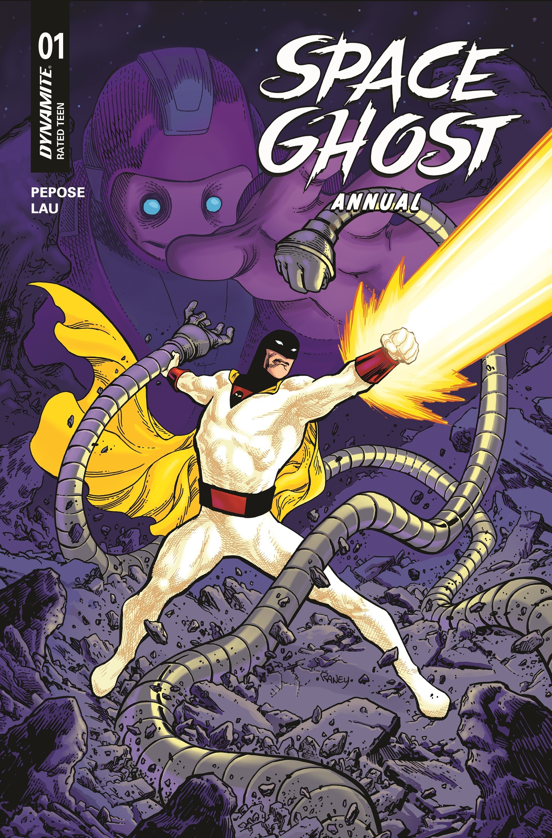 Auto-generated description: A superhero in a white suit with a yellow cape battles mechanical tentacles while a large purple figure looms in the background.