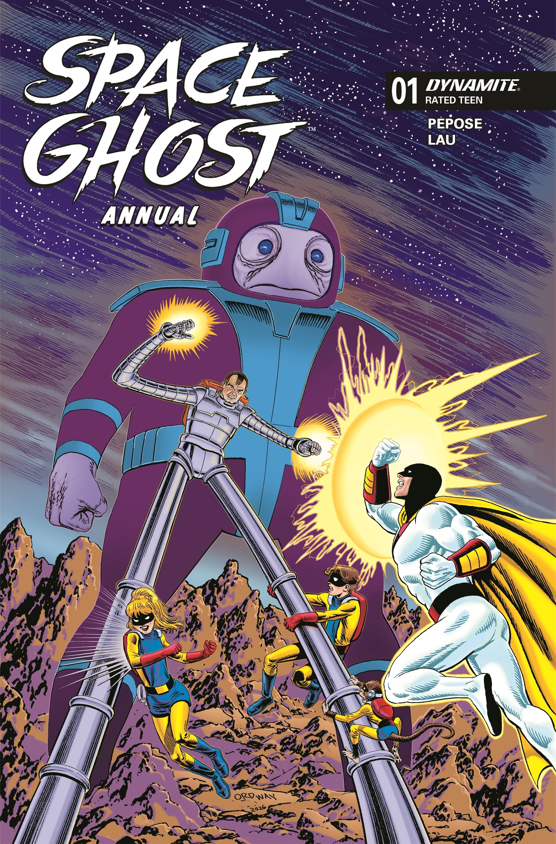 Auto-generated description: A superhero battles a giant robotic figure alongside two companions on a rocky alien landscape, with colorful cosmic energy effects.