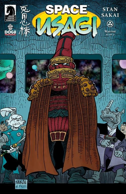 Auto-generated description: A heavily armored warrior stands in the center flanked by two anthropomorphic characters, one resembling a rabbit and the other a reptile, against a cosmic background with the title Space Usagi.