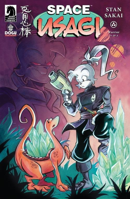 Auto-generated description: A white anthropomorphic rabbit dressed in futuristic clothing holds a sci-fi gun while standing next to a small dinosaur-like creature amidst glowing crystals, with a shadowy figure looming in the background.