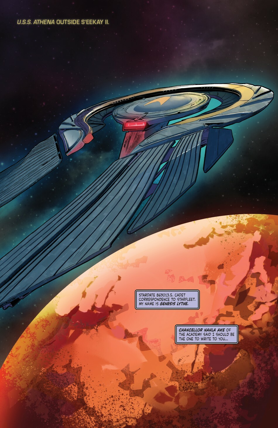Auto-generated description: A futuristic spaceship labeled U.S.S. Athena hovers above a red, cratered planet with dialogue boxes from people onboard.