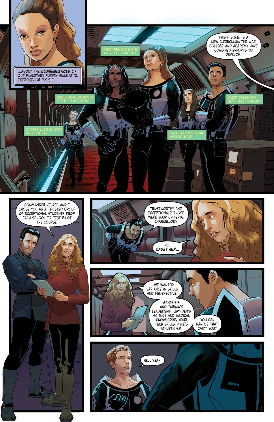 Auto-generated description: A group of space officers discuss their leadership and team dynamics in a science fiction setting.