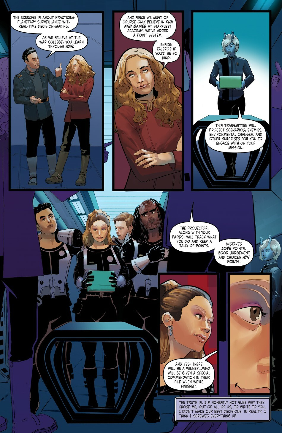 Auto-generated description: Four characters in futuristic suits discuss a project in a control room with digital screens and holographic interfaces.