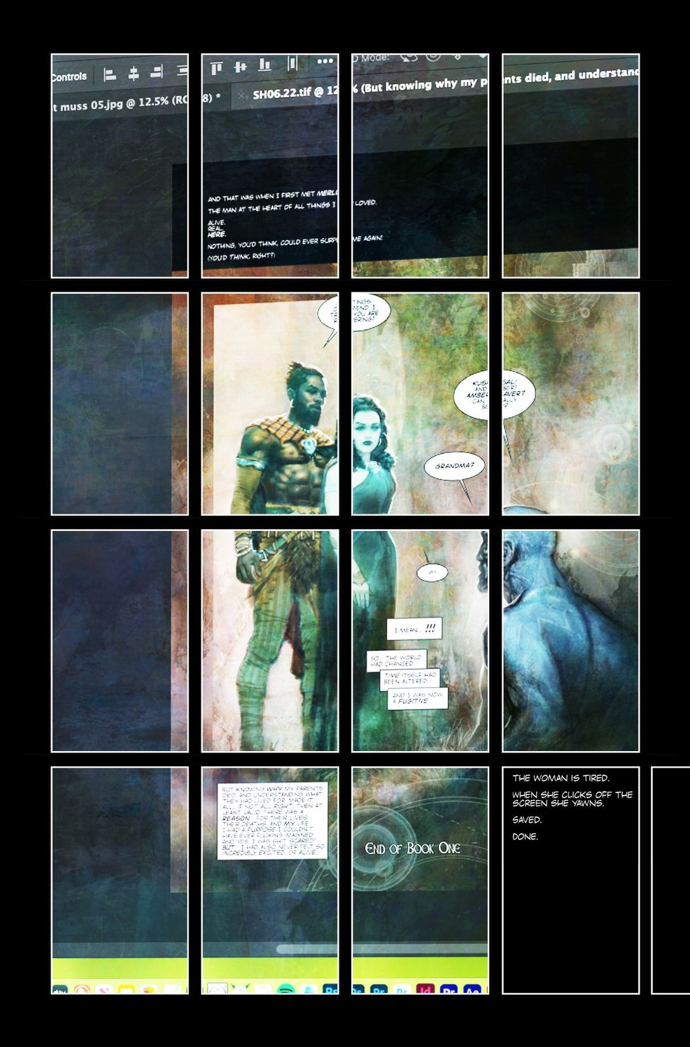 A comic-style collage features various panels with text and illustrations of characters set against a dark background, with one panel labeled END OF BOOK ONE.
