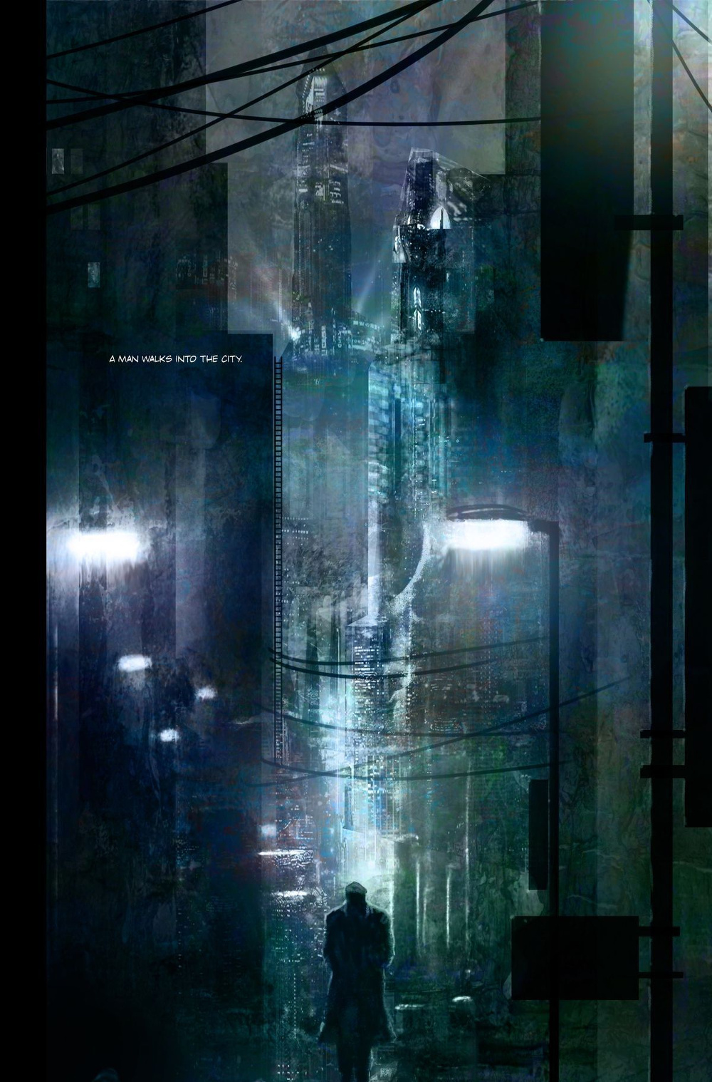 A solitary figure walks into a dimly lit, futuristic cityscape amidst towering buildings and glowing streetlights.
