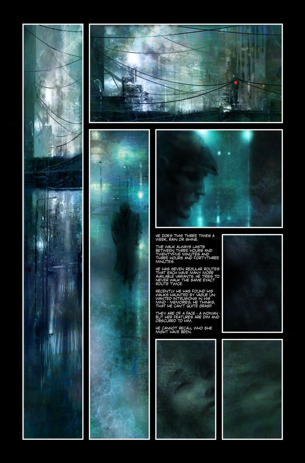 A series of dark, abstract panels depict a moody, atmospheric scene with silhouetted figures and text reflecting on memory and identity.