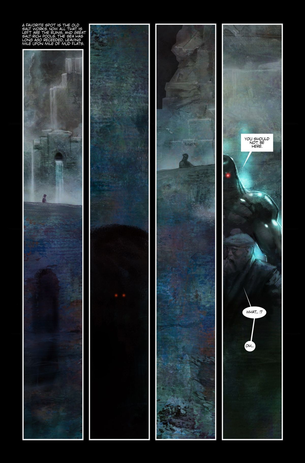 A series of vertical panels depicts a dark and mysterious scene with shadowy figures, ancient ruins, and text dialogue asking, You should be cautious, Kane—what, of me?